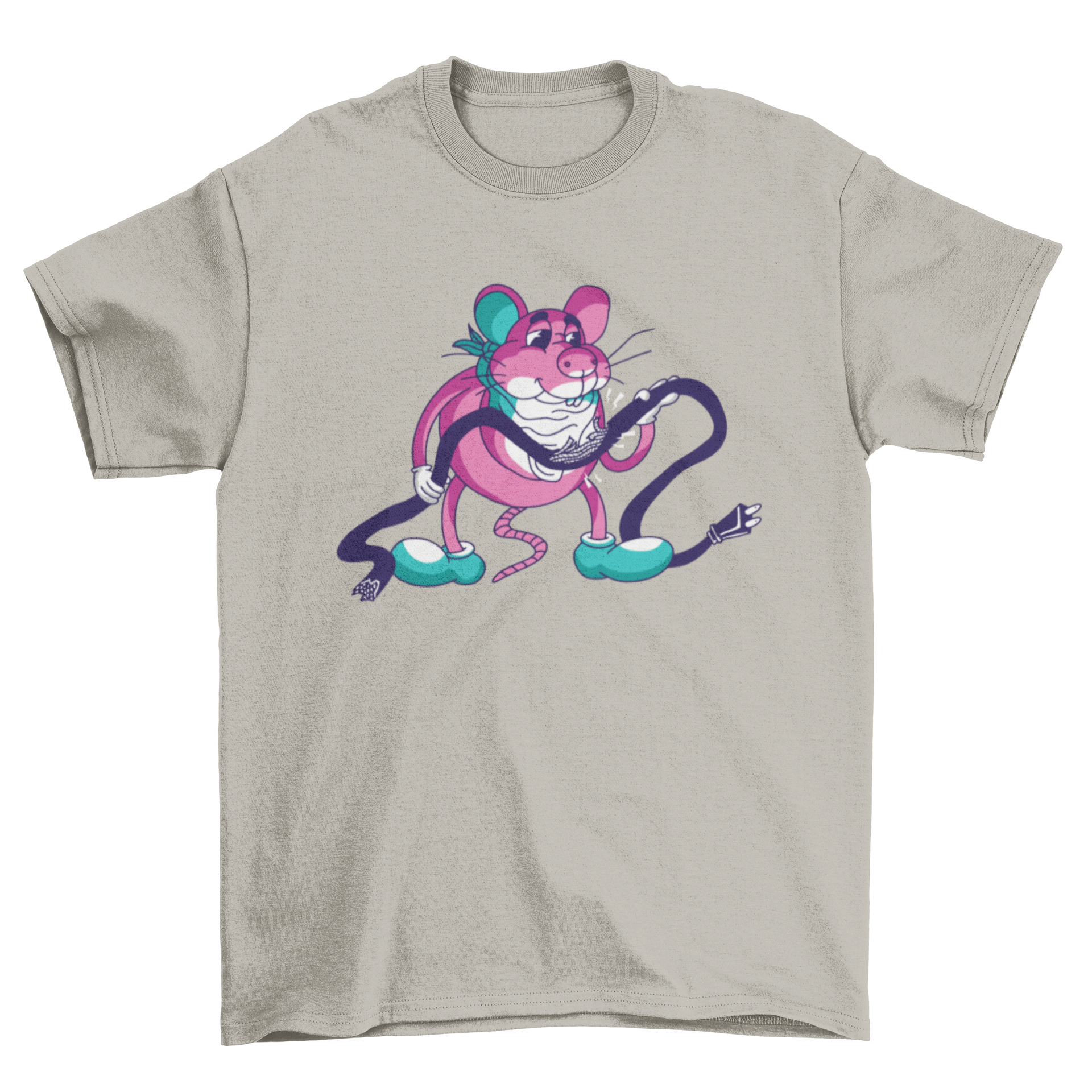 A playful t-shirt featuring a graphic of a mouse eating a wire, showcasing a unique and whimsical design.