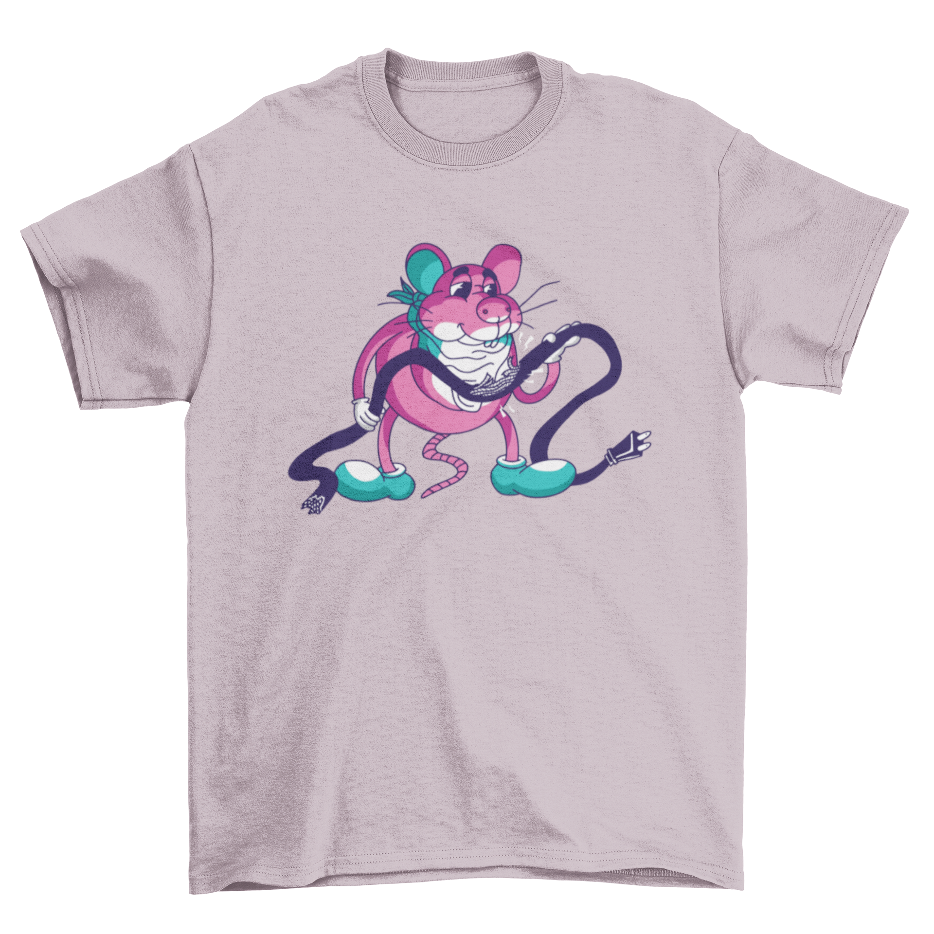 A playful t-shirt featuring a graphic of a mouse eating a wire, showcasing a unique and whimsical design.