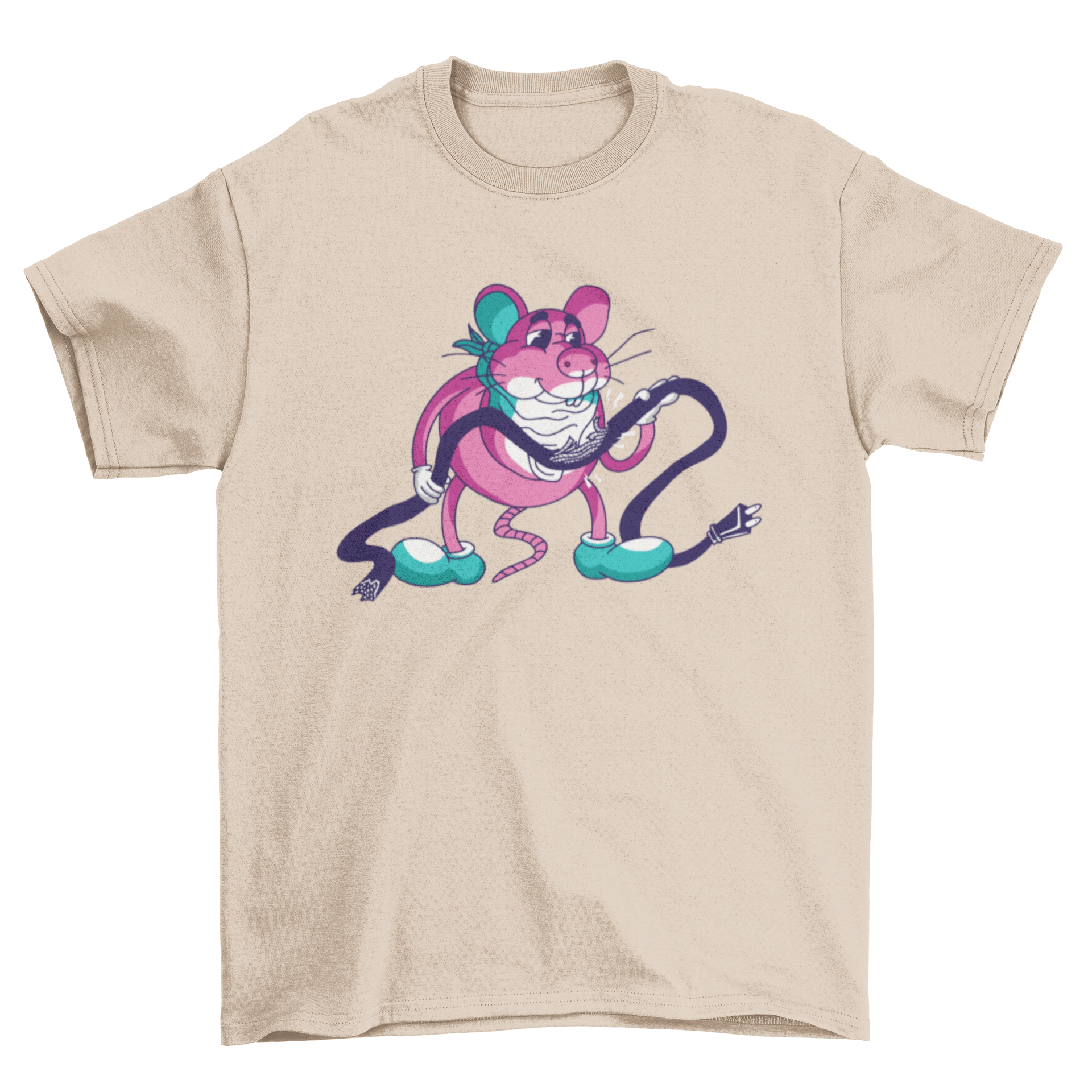 A playful t-shirt featuring a graphic of a mouse eating a wire, showcasing a unique and whimsical design.