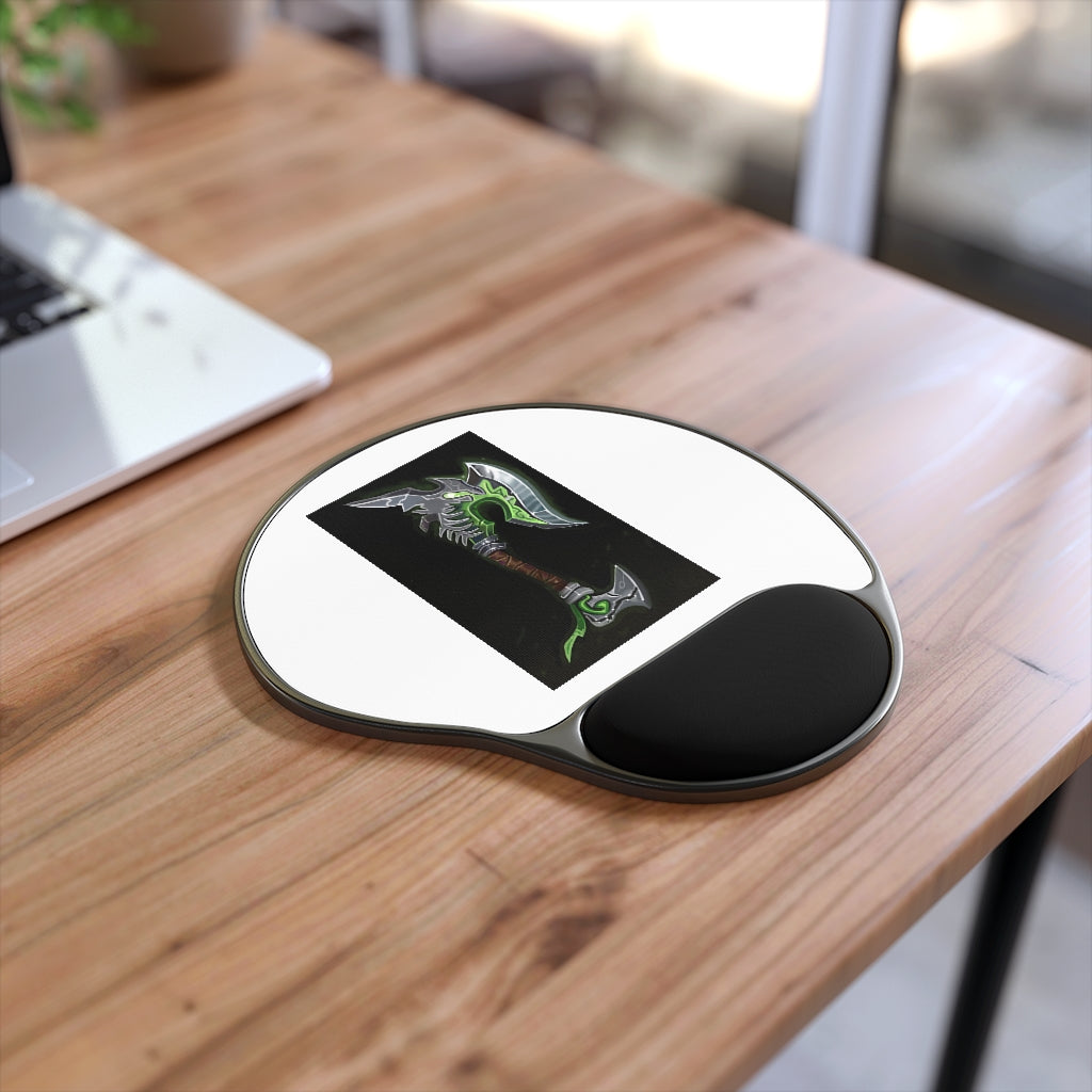 Mouse pad with ergonomic Memory Foam wrist rest and customizable neoprene insert, featuring a foot-shaped black plastic base.