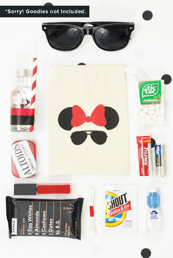 Mouse Squad Bridesmaid Gift Bag featuring an aviator mouse design with a red bow, perfect for bachelorette parties.