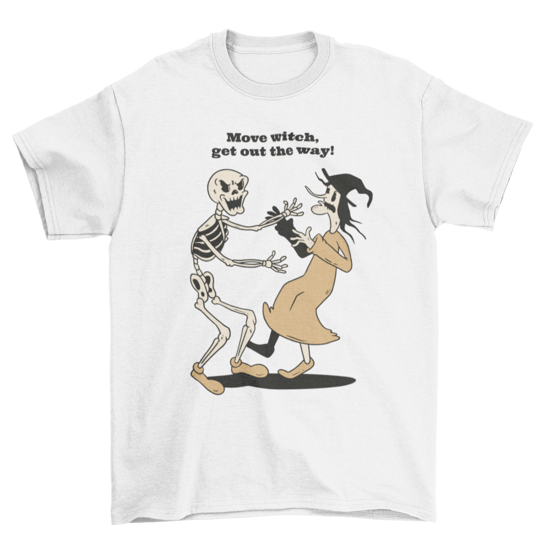 Funny Halloween t-shirt featuring a skeleton and witch illustration with the caption 'Move witch get out the way'.