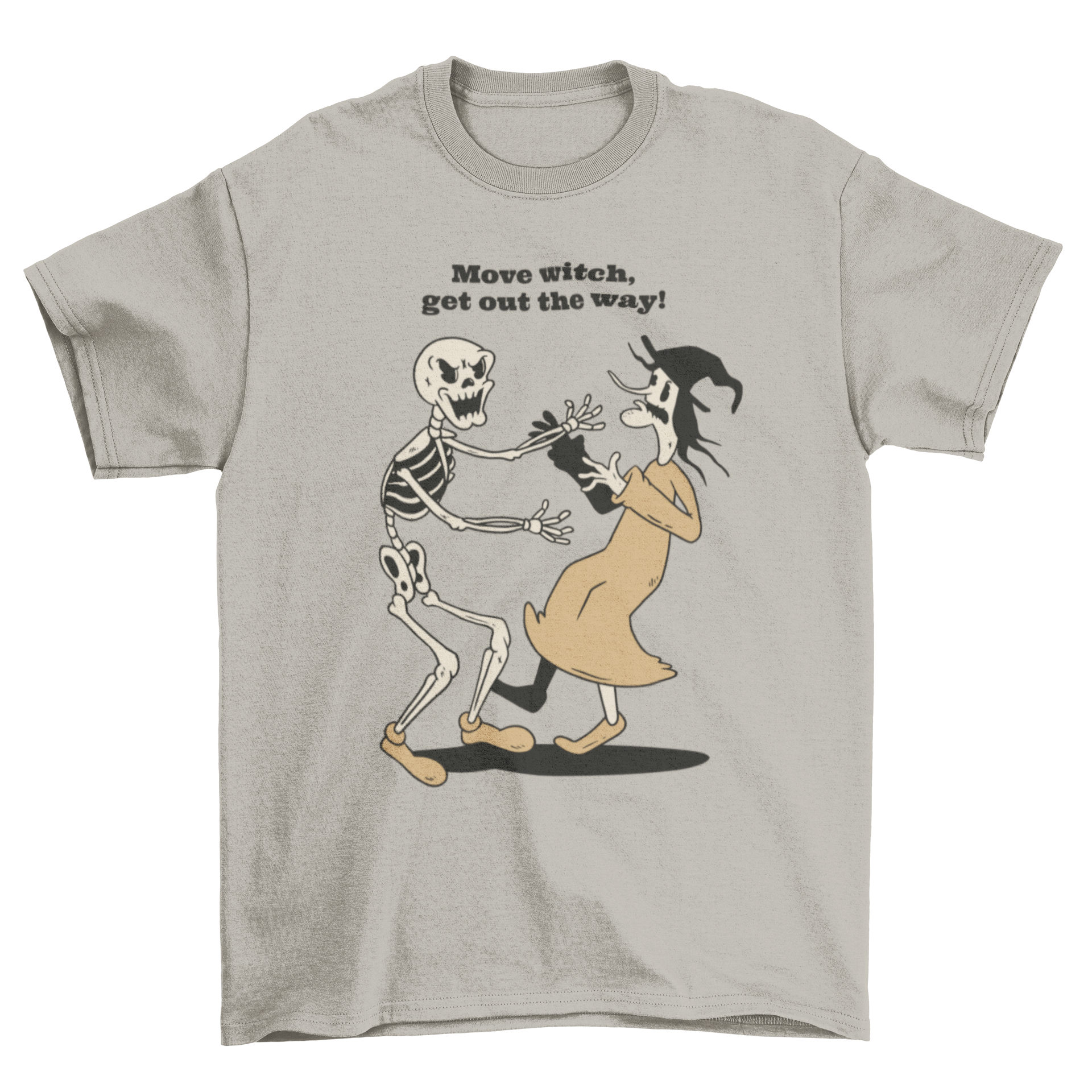 Funny Halloween t-shirt featuring a skeleton and witch illustration with the caption 'Move witch get out the way'.