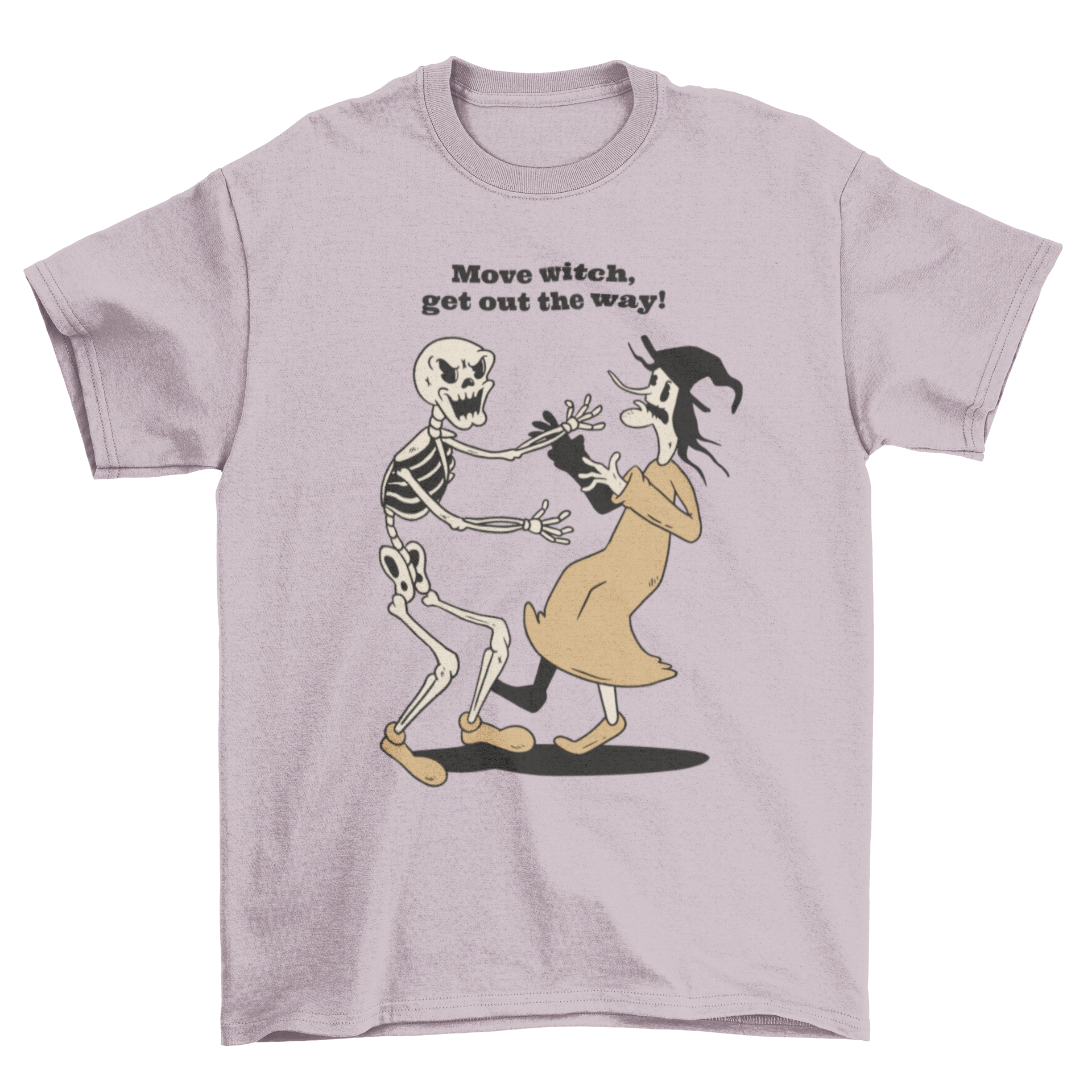 Funny Halloween t-shirt featuring a skeleton and witch illustration with the caption 'Move witch get out the way'.