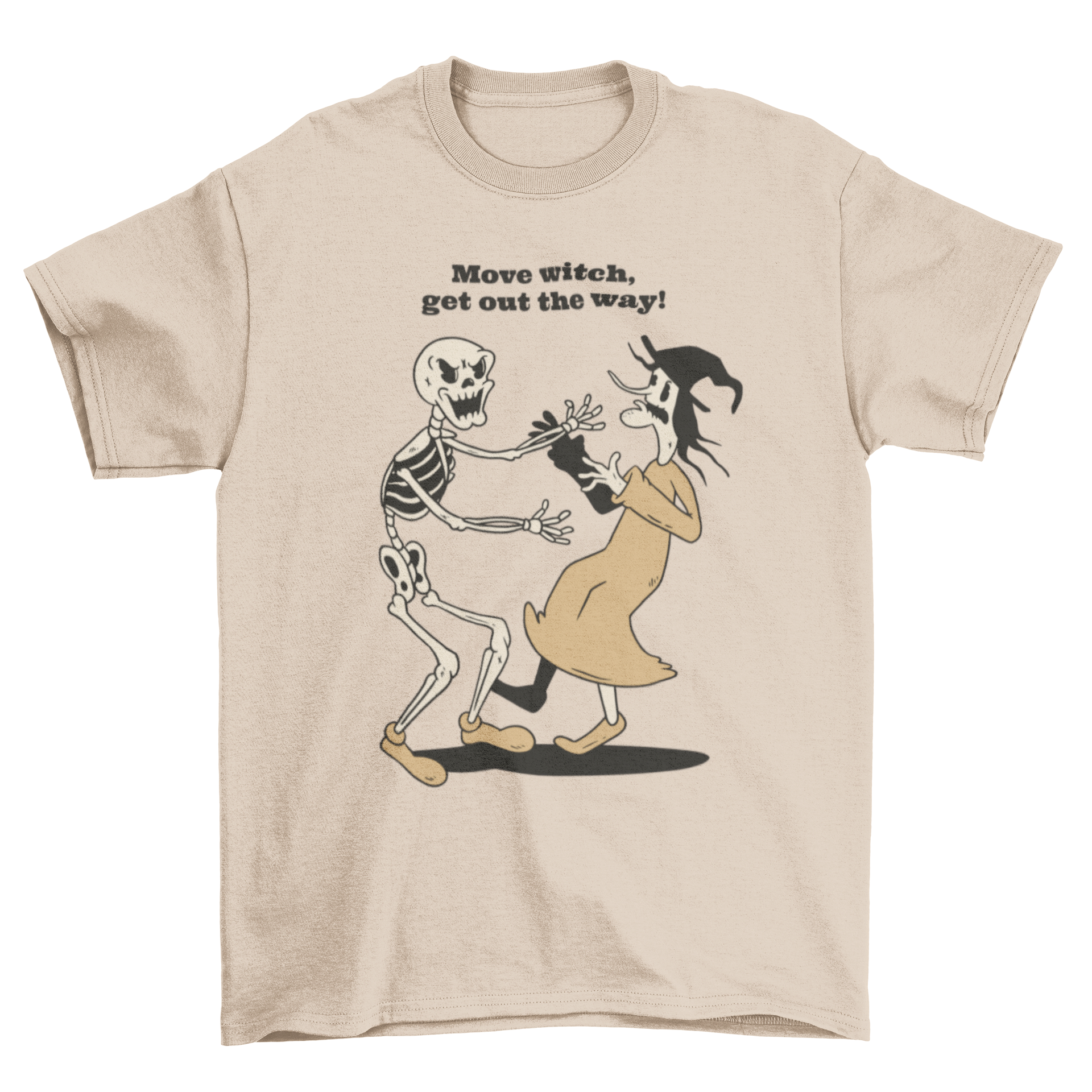 Funny Halloween t-shirt featuring a skeleton and witch illustration with the caption 'Move witch get out the way'.