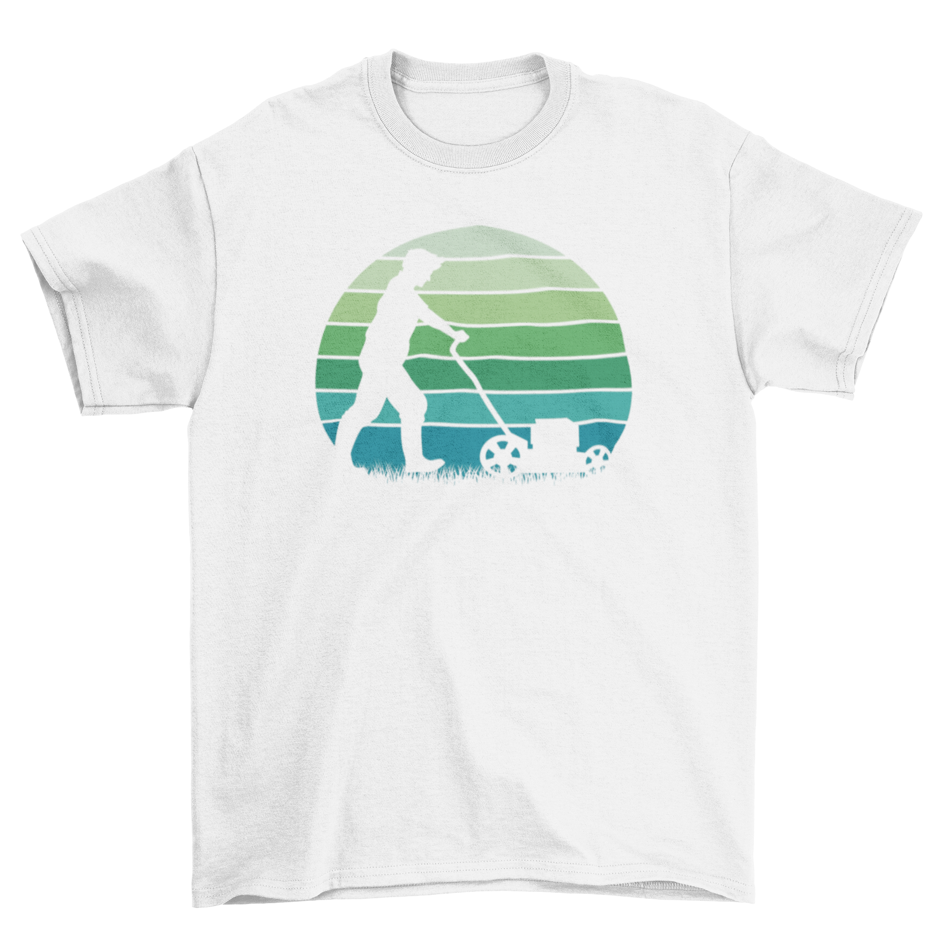 A stylish t-shirt featuring a bold silhouette of a mower, perfect for lawn care enthusiasts.