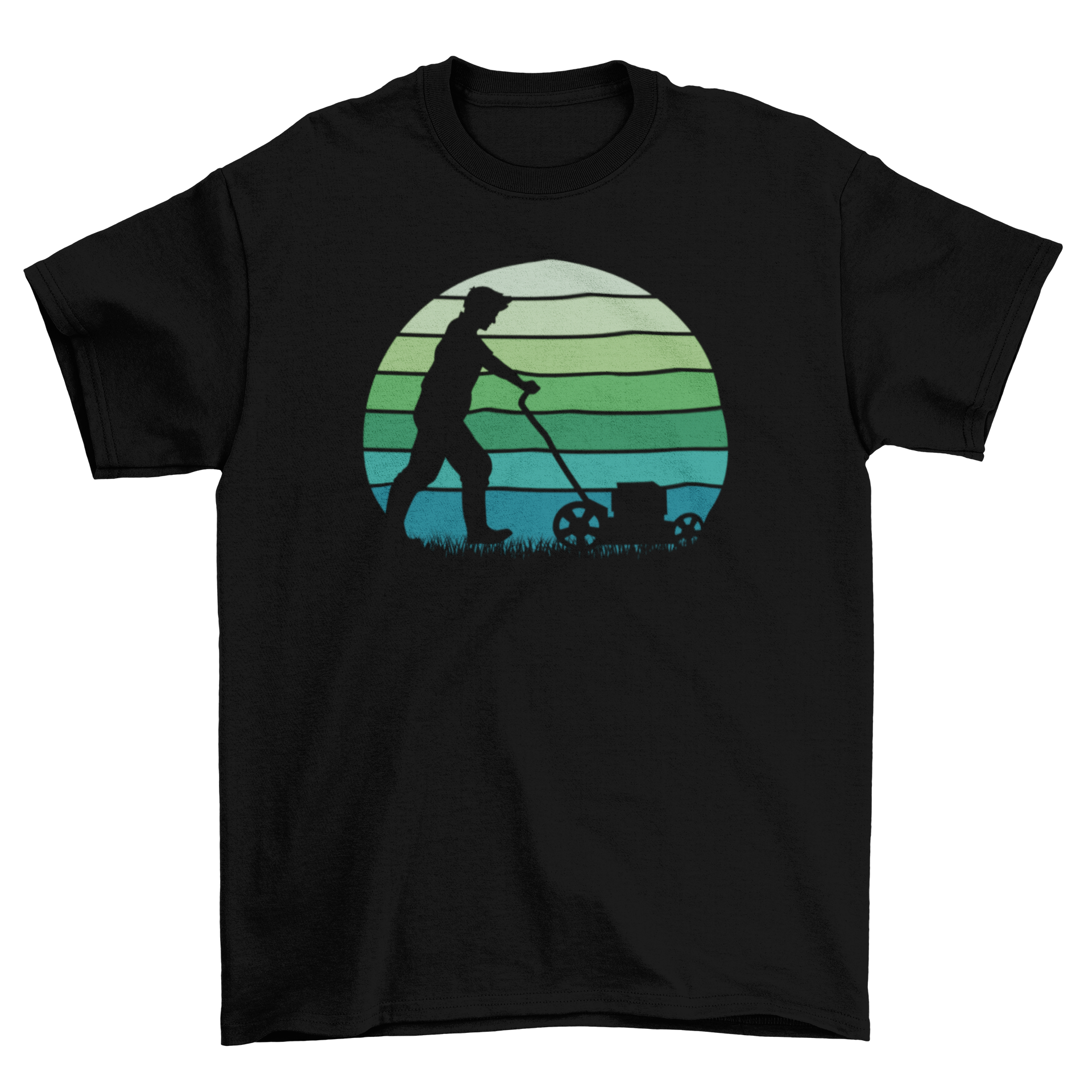 A stylish t-shirt featuring a bold silhouette of a mower, perfect for lawn care enthusiasts.