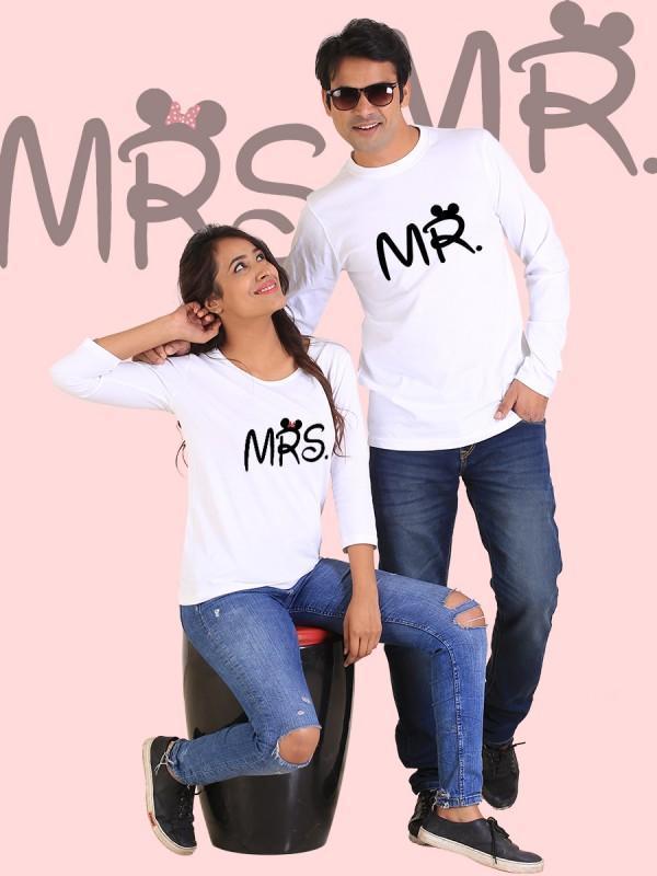 Mr. and Mrs. Couple Full Sleeves White t-shirts displayed on a hanger, showcasing their soft cotton fabric and stylish design.