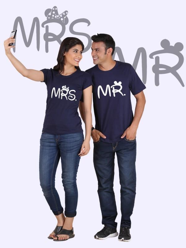 Mr. and Mrs. Couple T-Shirts displayed on a hanger, showcasing their soft cotton fabric and unique designs.