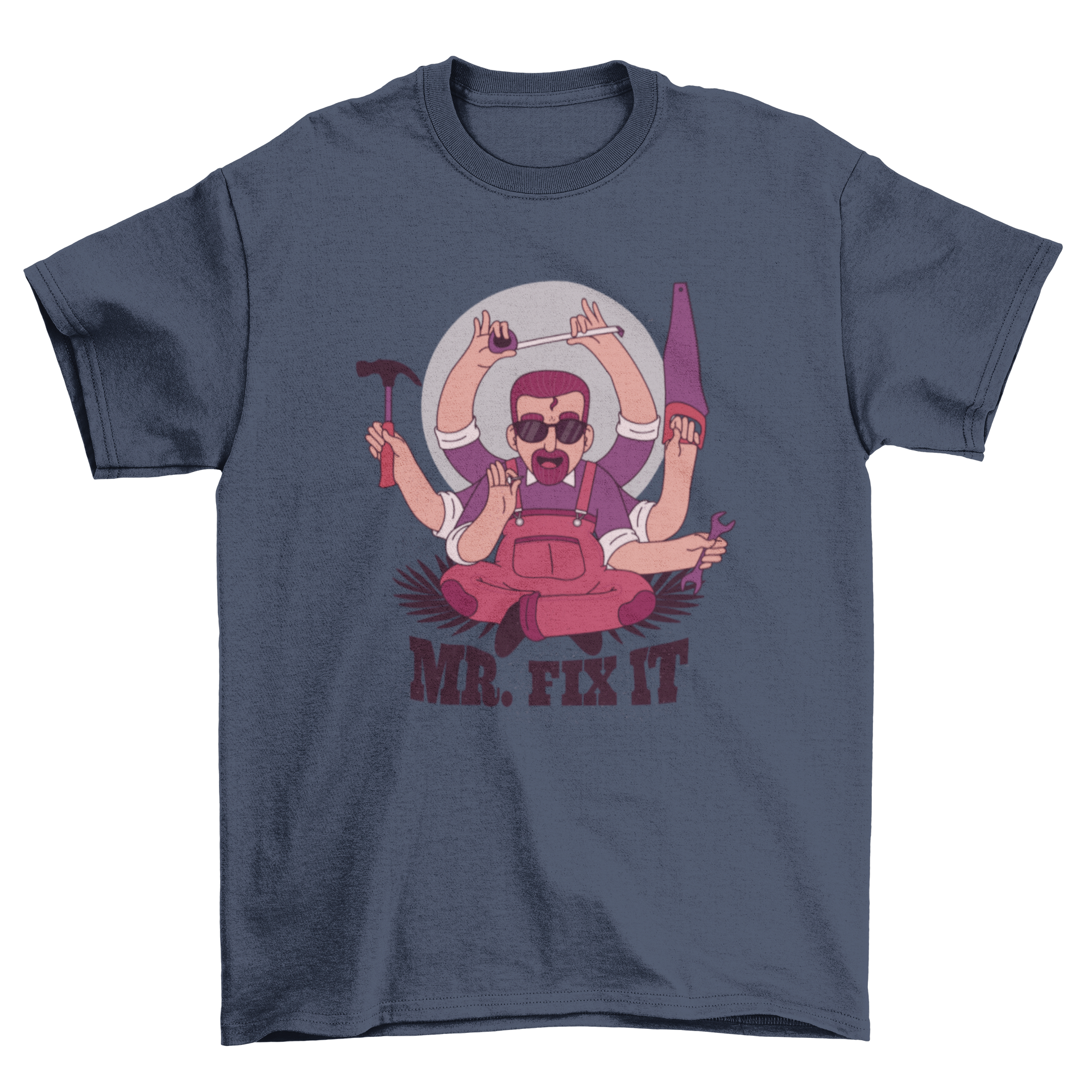 Mr. Fix It t-shirt design featuring a cartoon Shiva-style man with six hands holding various tools.