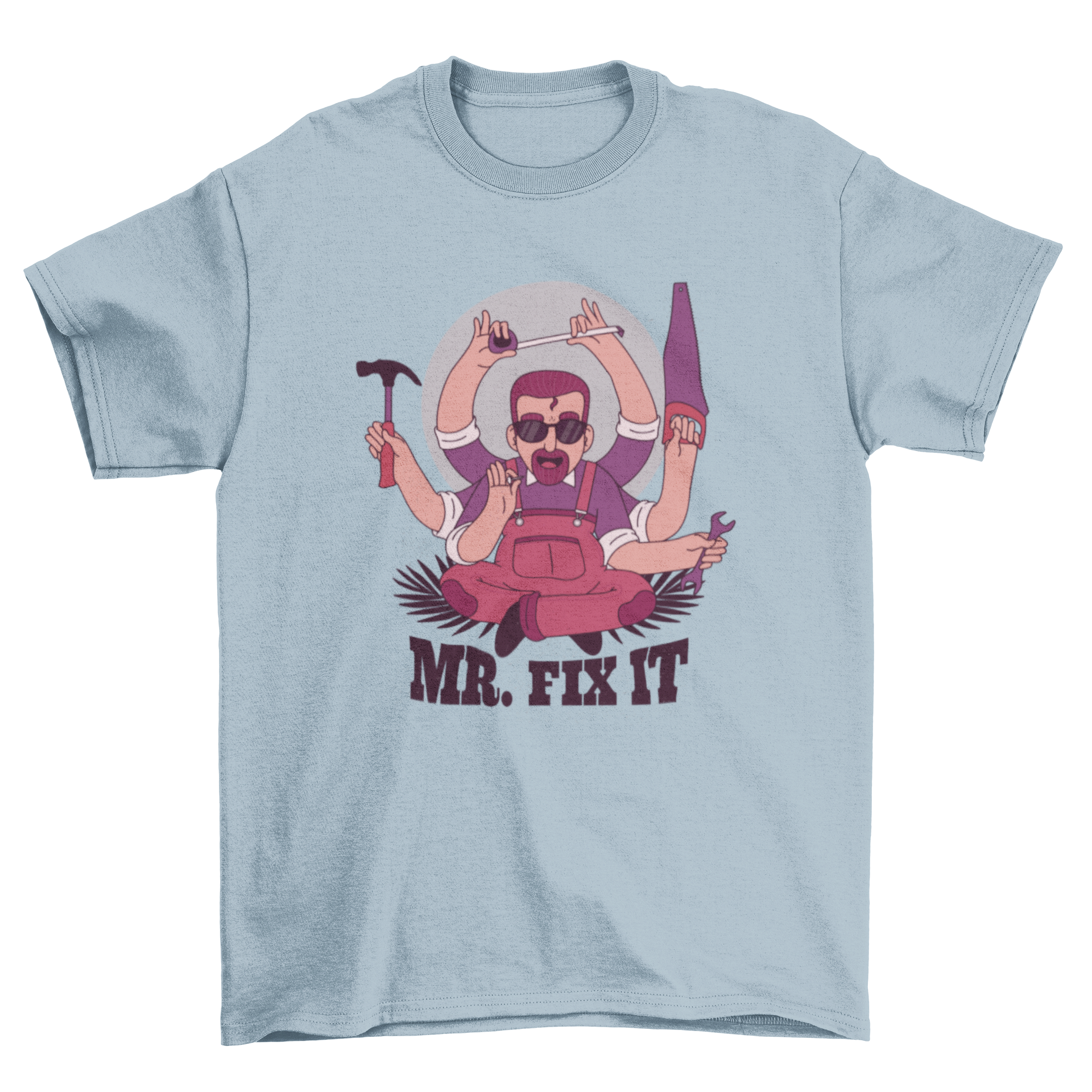 Mr. Fix It t-shirt design featuring a cartoon Shiva-style man with six hands holding various tools.