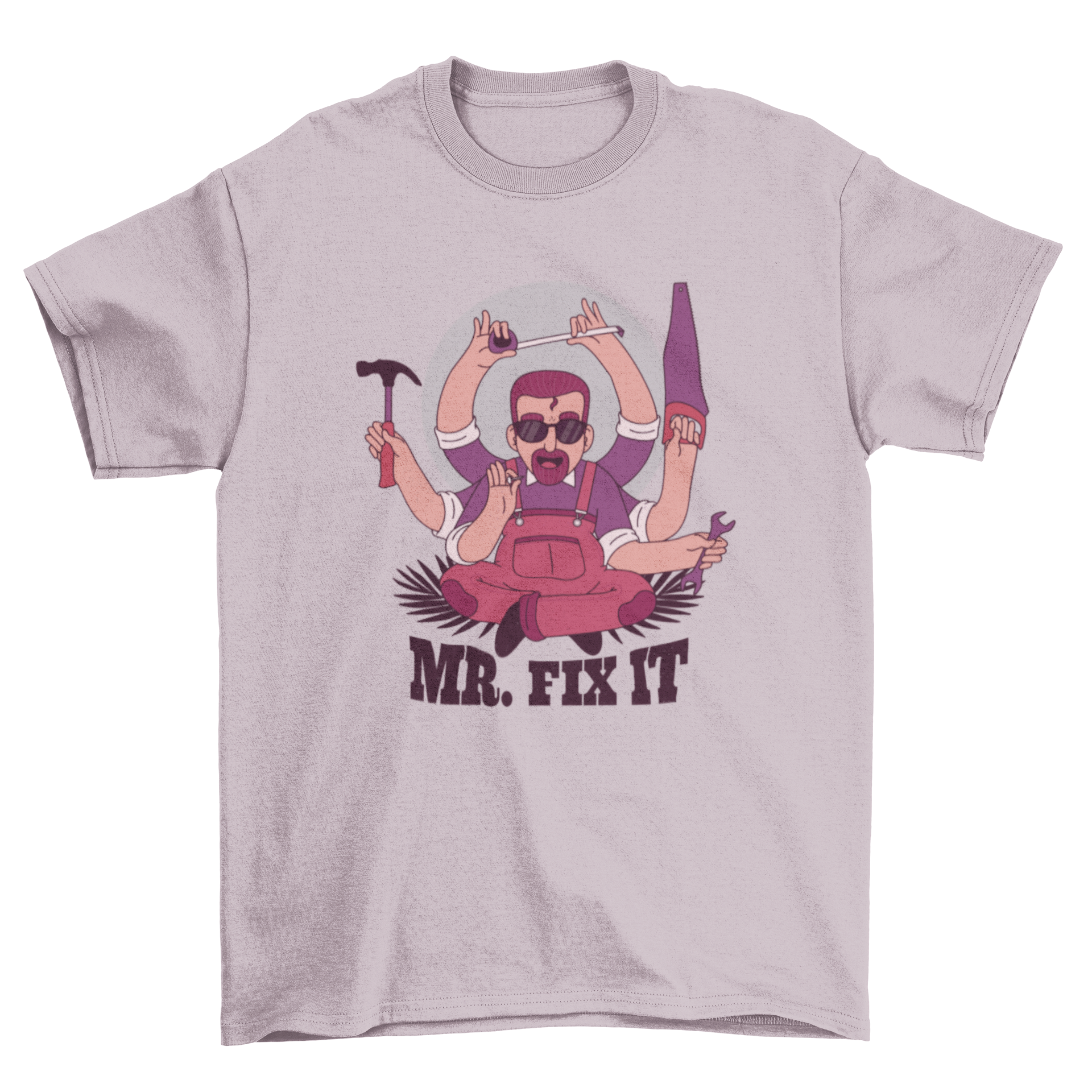 Mr. Fix It t-shirt design featuring a cartoon Shiva-style man with six hands holding various tools.