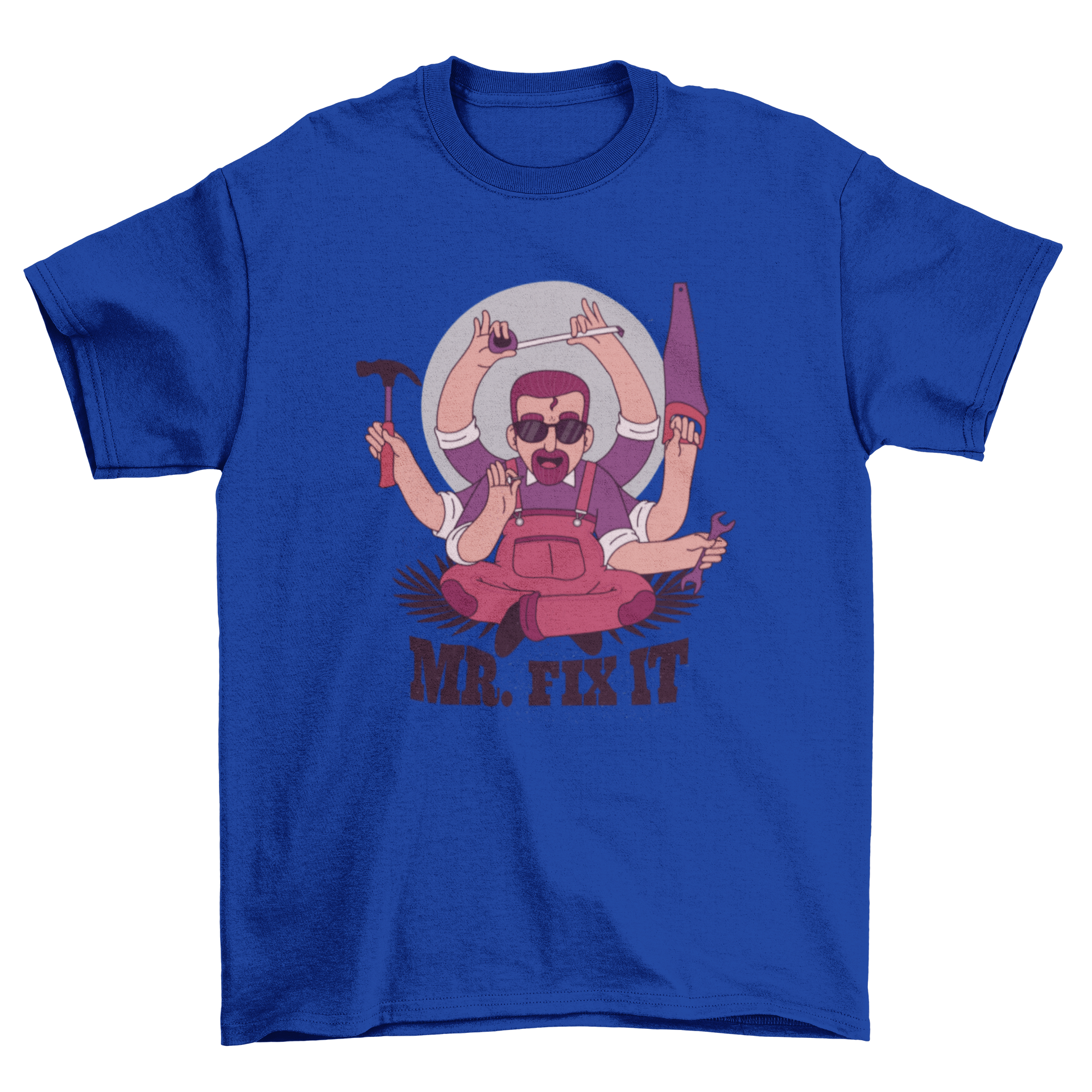 Mr. Fix It t-shirt design featuring a cartoon Shiva-style man with six hands holding various tools.