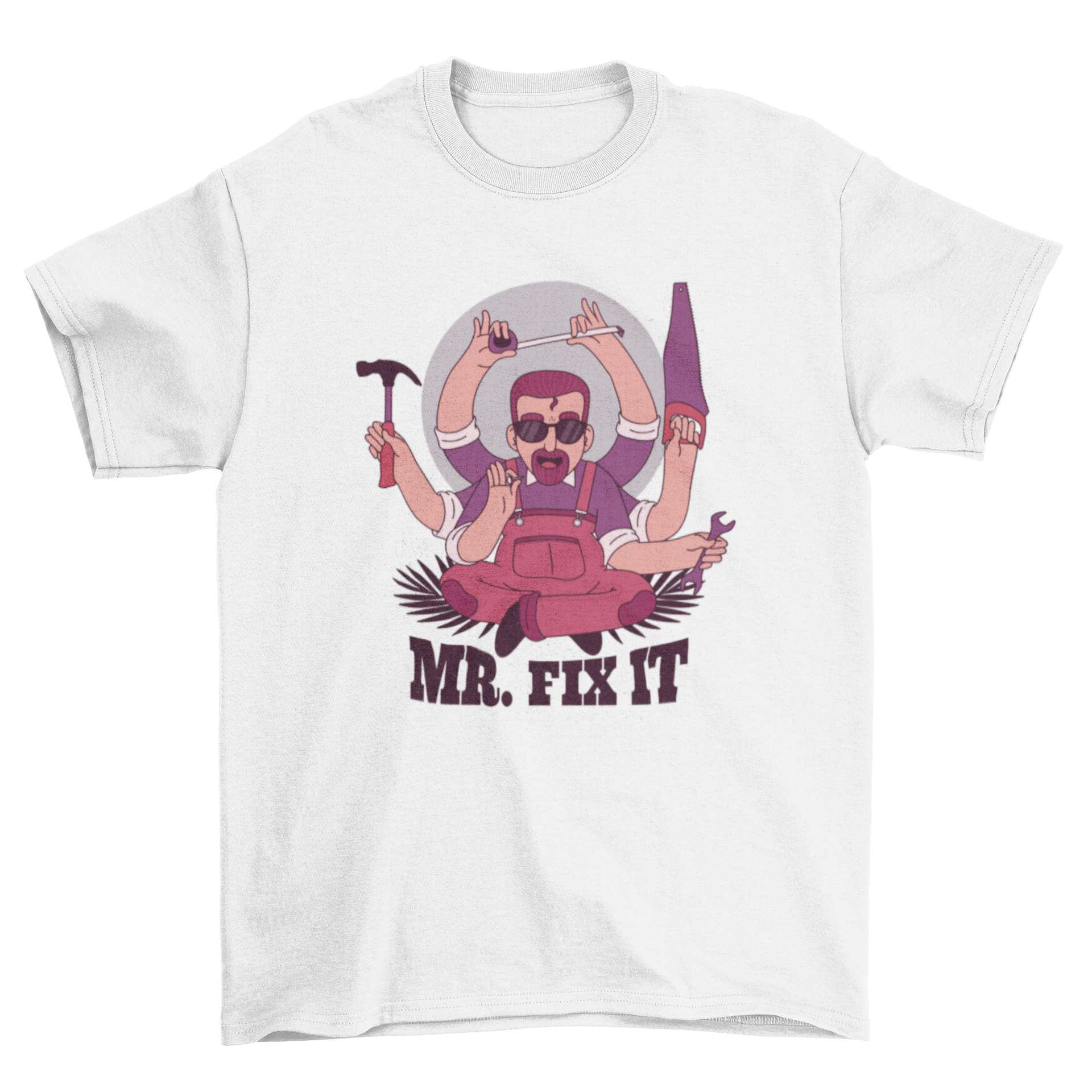 Mr. Fix It t-shirt design featuring a cartoon Shiva-style man with six hands holding various tools.