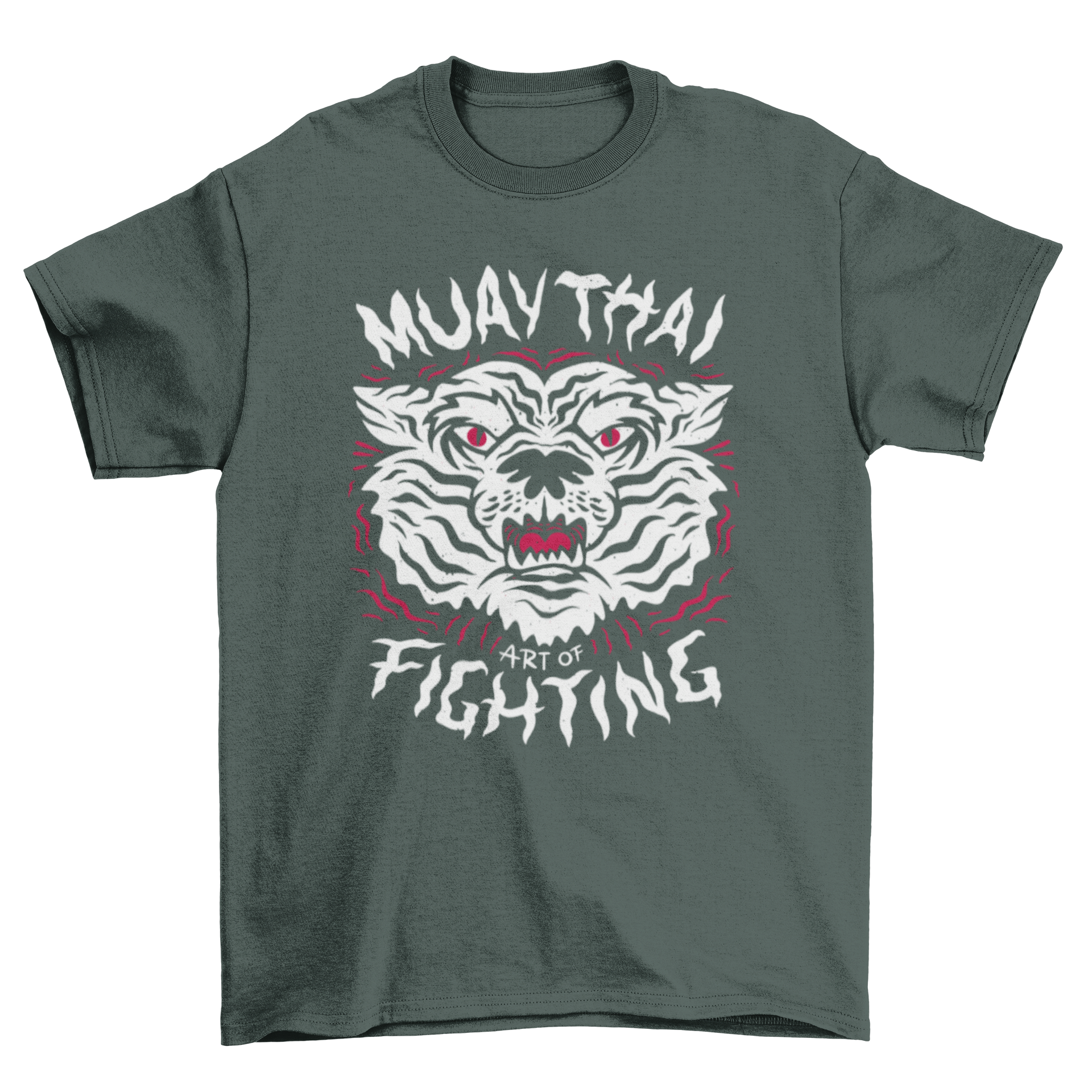 Muay Thai tiger t-shirt featuring a fierce tiger design and the quote 'Muay Thai art of fighting'.