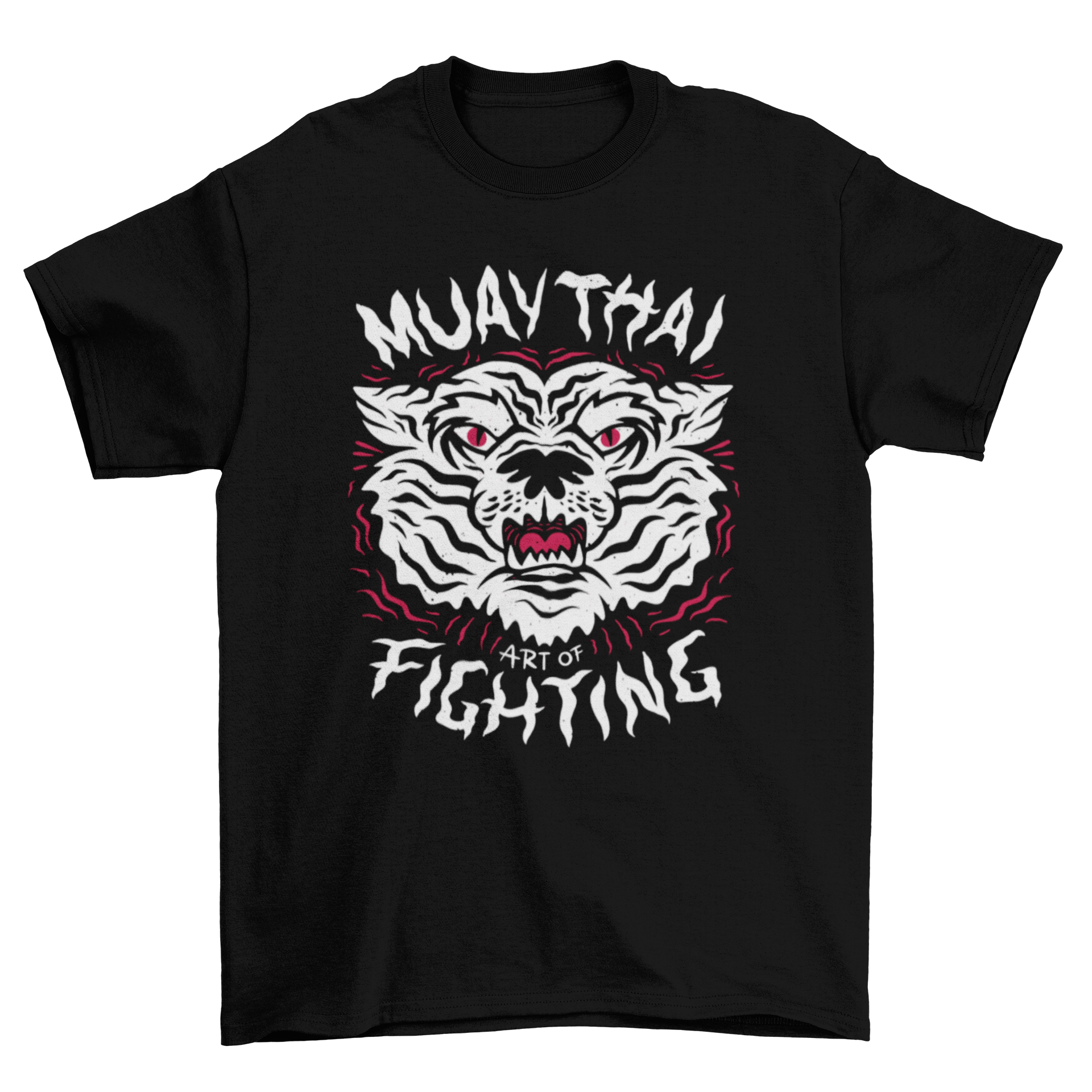 Muay Thai tiger t-shirt featuring a fierce tiger design and the quote 'Muay Thai art of fighting'.