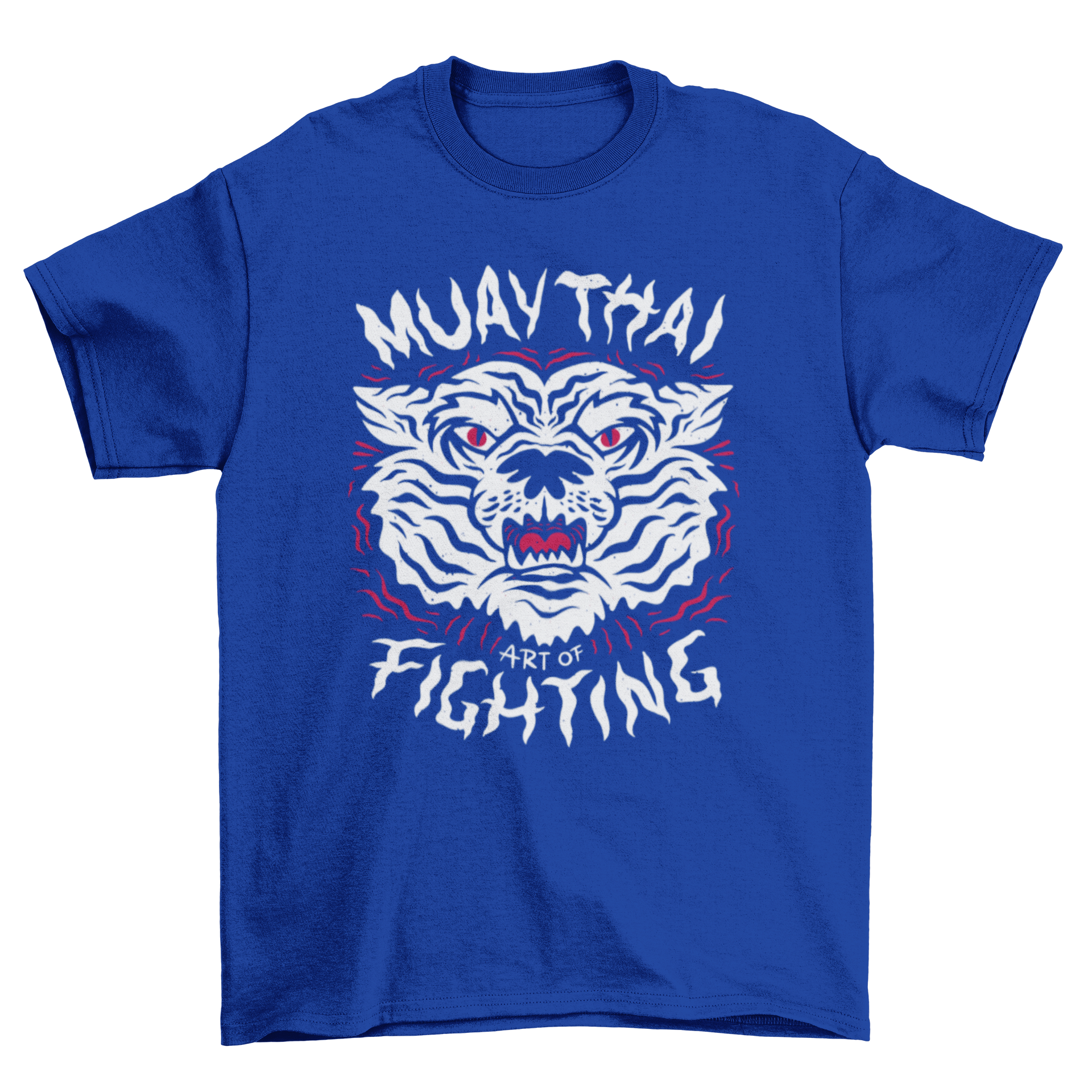 Muay Thai tiger t-shirt featuring a fierce tiger design and the quote 'Muay Thai art of fighting'.