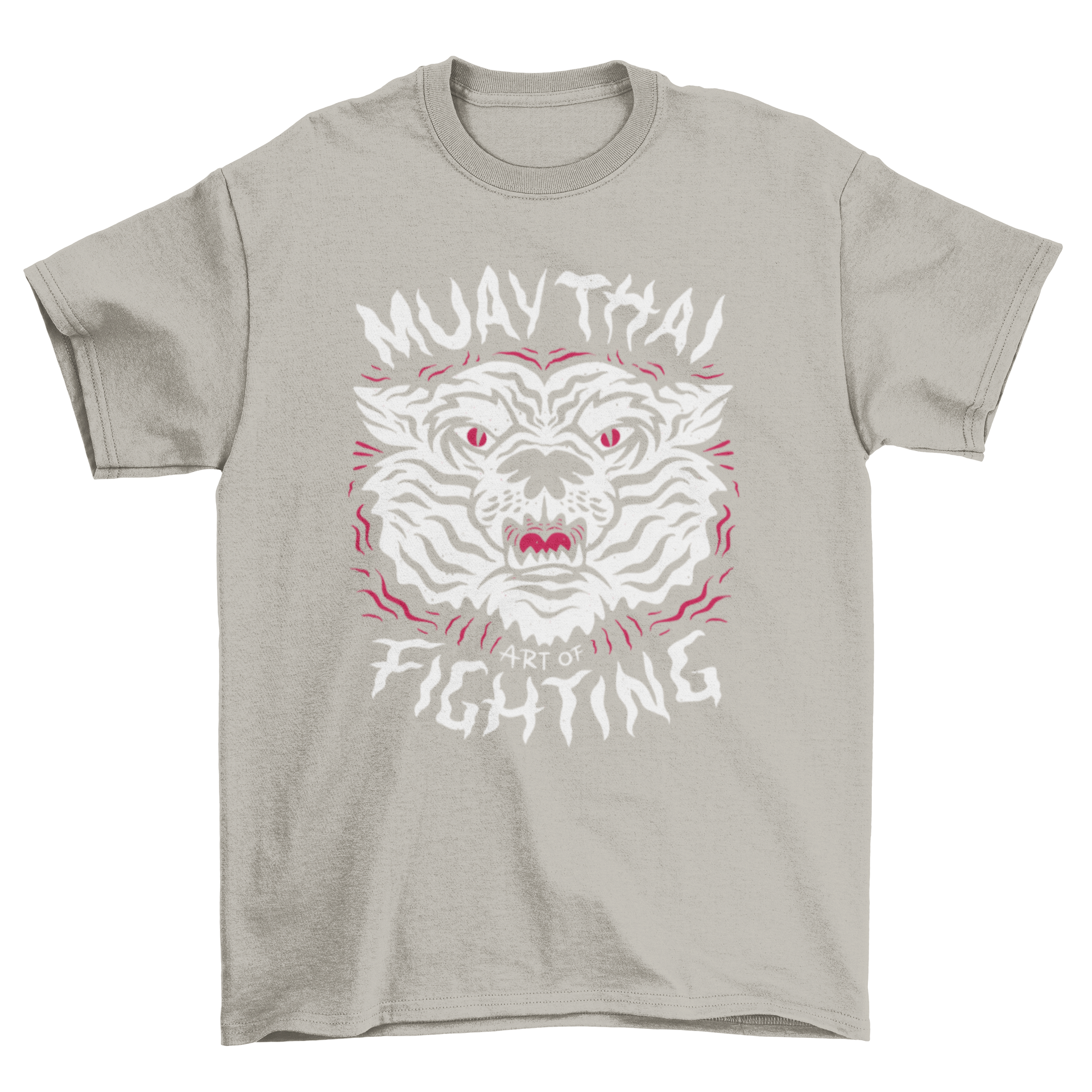 Muay Thai tiger t-shirt featuring a fierce tiger design and the quote 'Muay Thai art of fighting'.