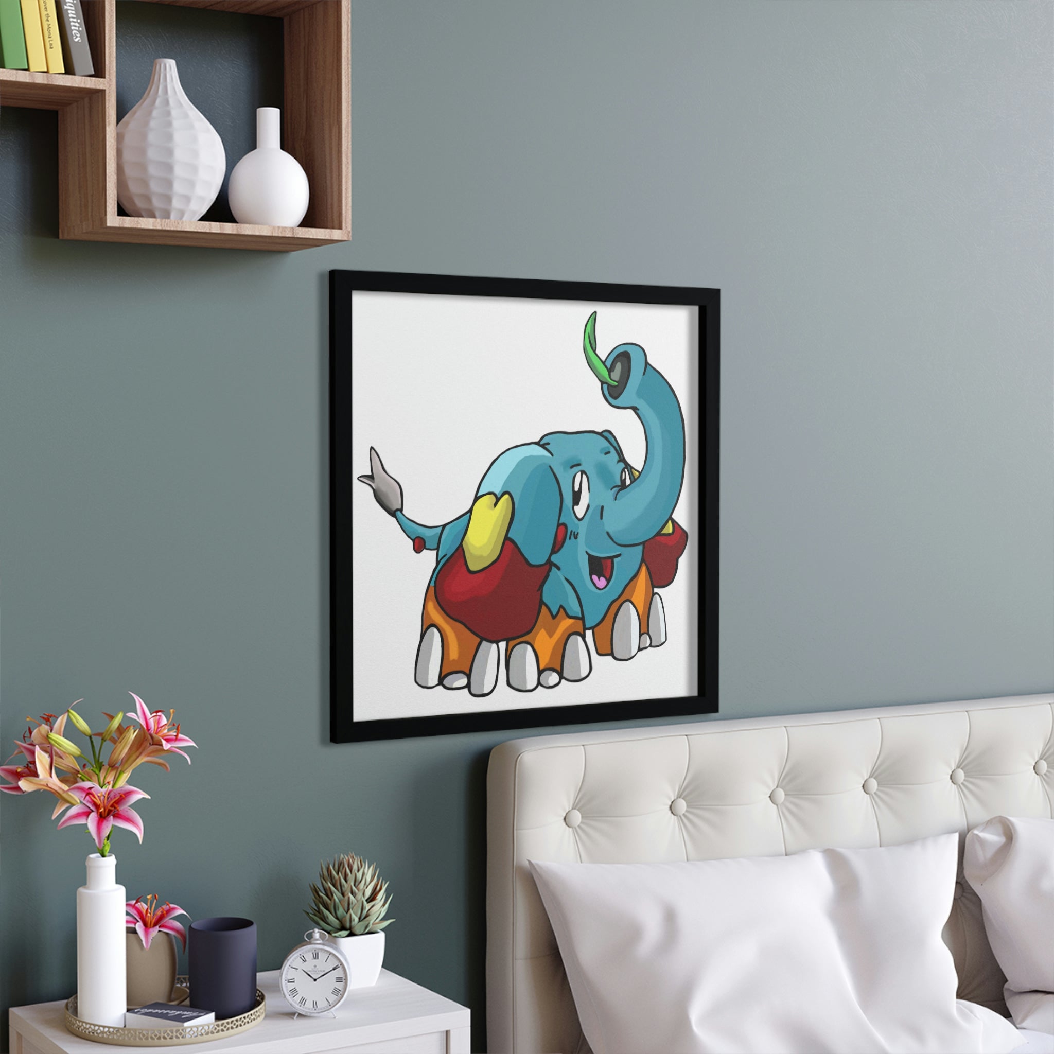 Mudphant Framed Poster featuring a hand-crafted wooden frame and vibrant artwork, perfect for home decor.