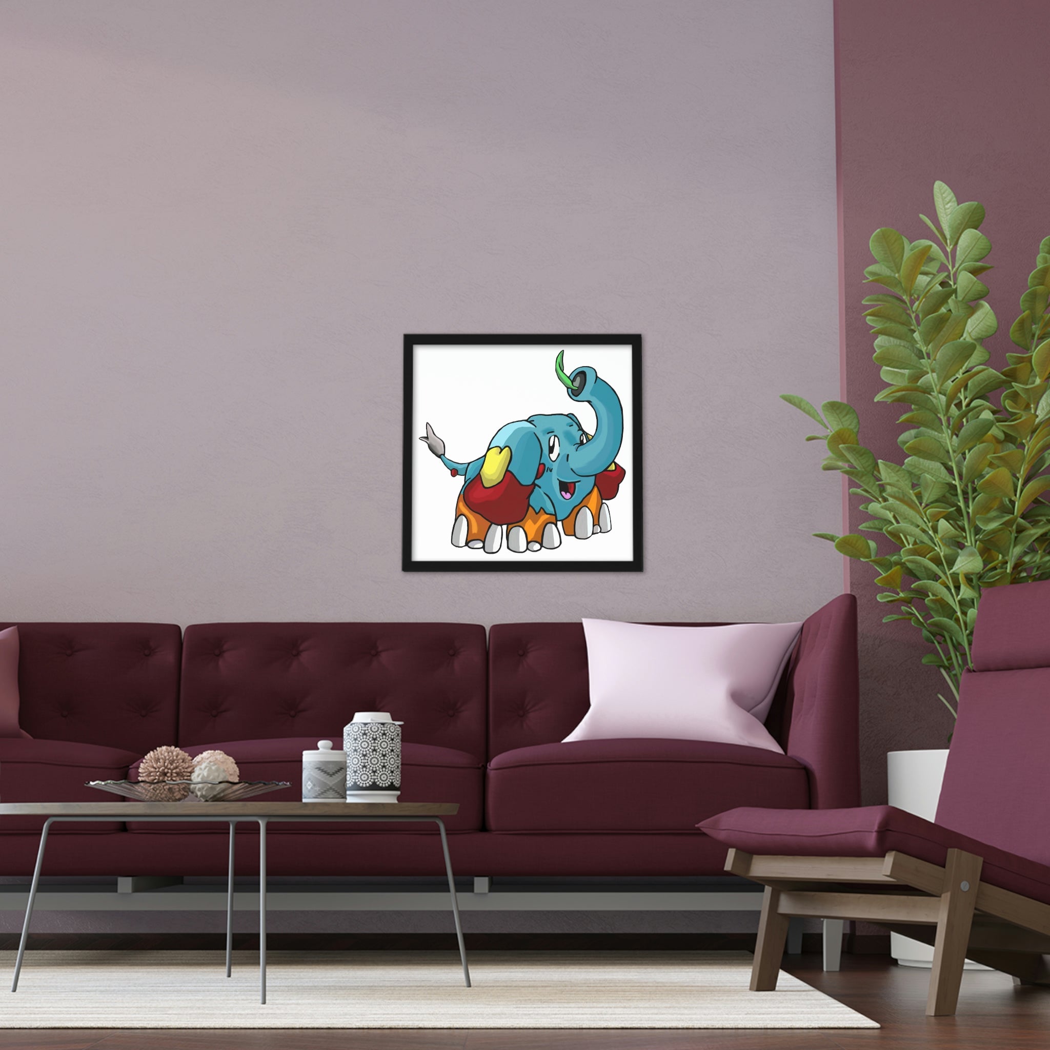 Mudphant Framed Poster featuring a hand-crafted wooden frame and vibrant artwork, perfect for home decor.