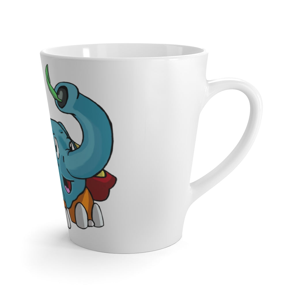 Mudphant Latte Mug in white ceramic with rounded corners and C-handle, showcasing vibrant sublimation print.