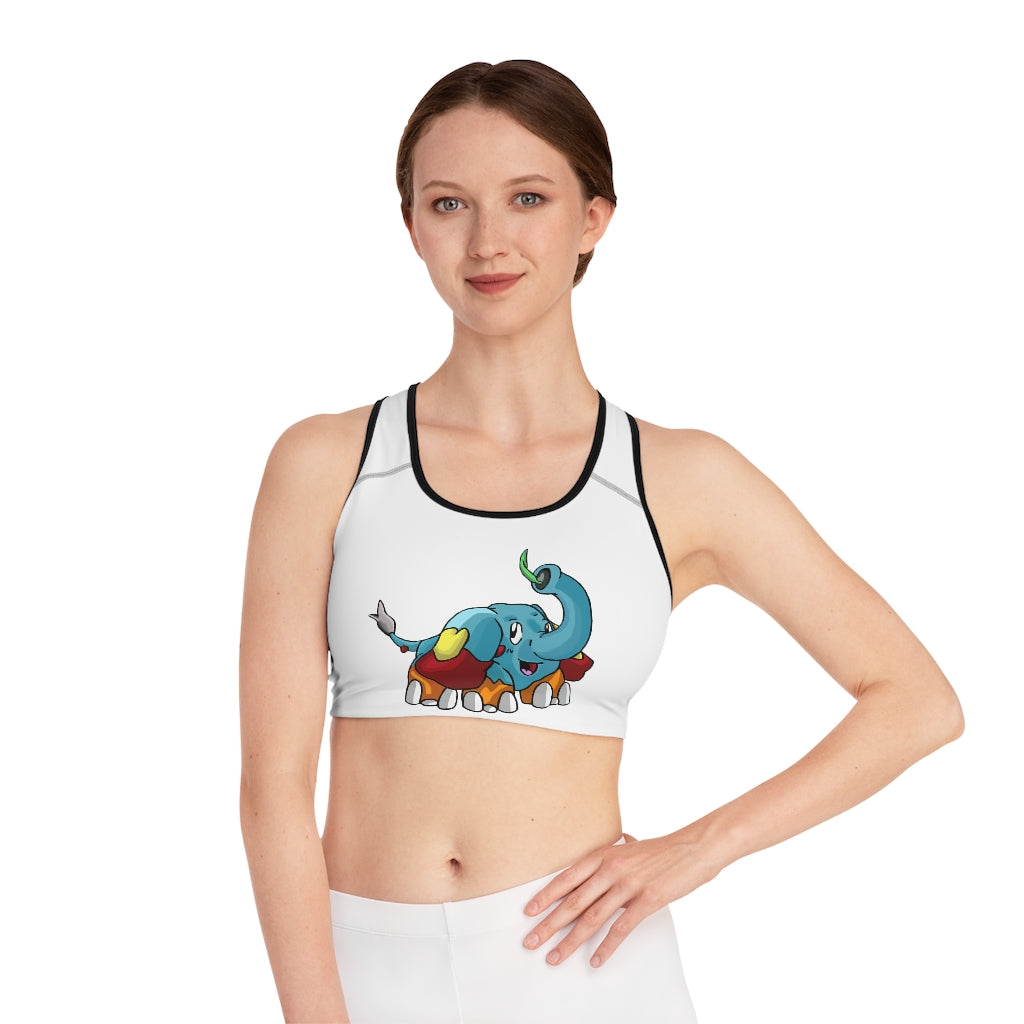 Mudphant Sports Bra featuring a customizable all-over-print design, compression fit, and double-layer front for enhanced comfort.