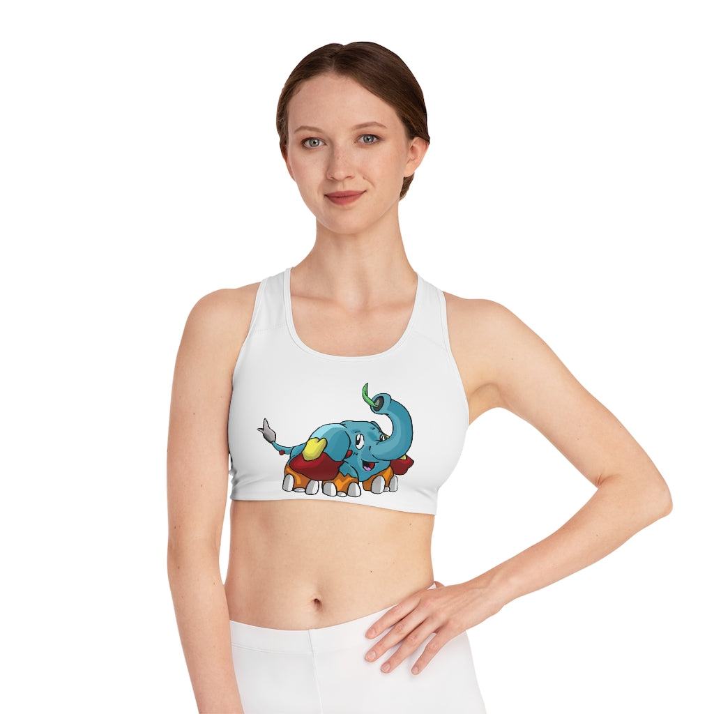 Mudphant Sports Bra featuring a customizable all-over-print design, compression fit, and double-layer front for enhanced comfort.