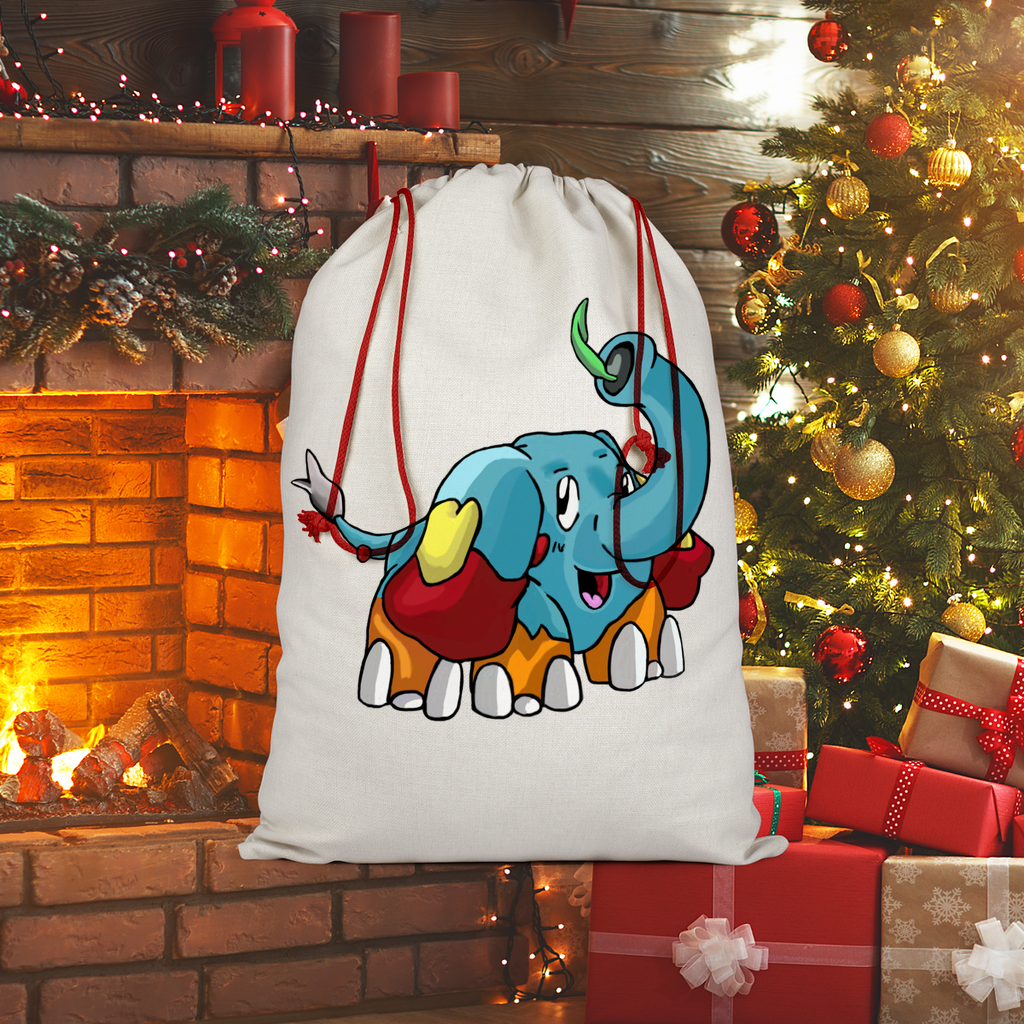 Mudphant Sublimation Linen Drawstring Sack with red drawstring, featuring eco-friendly printed design, available in medium and large sizes.