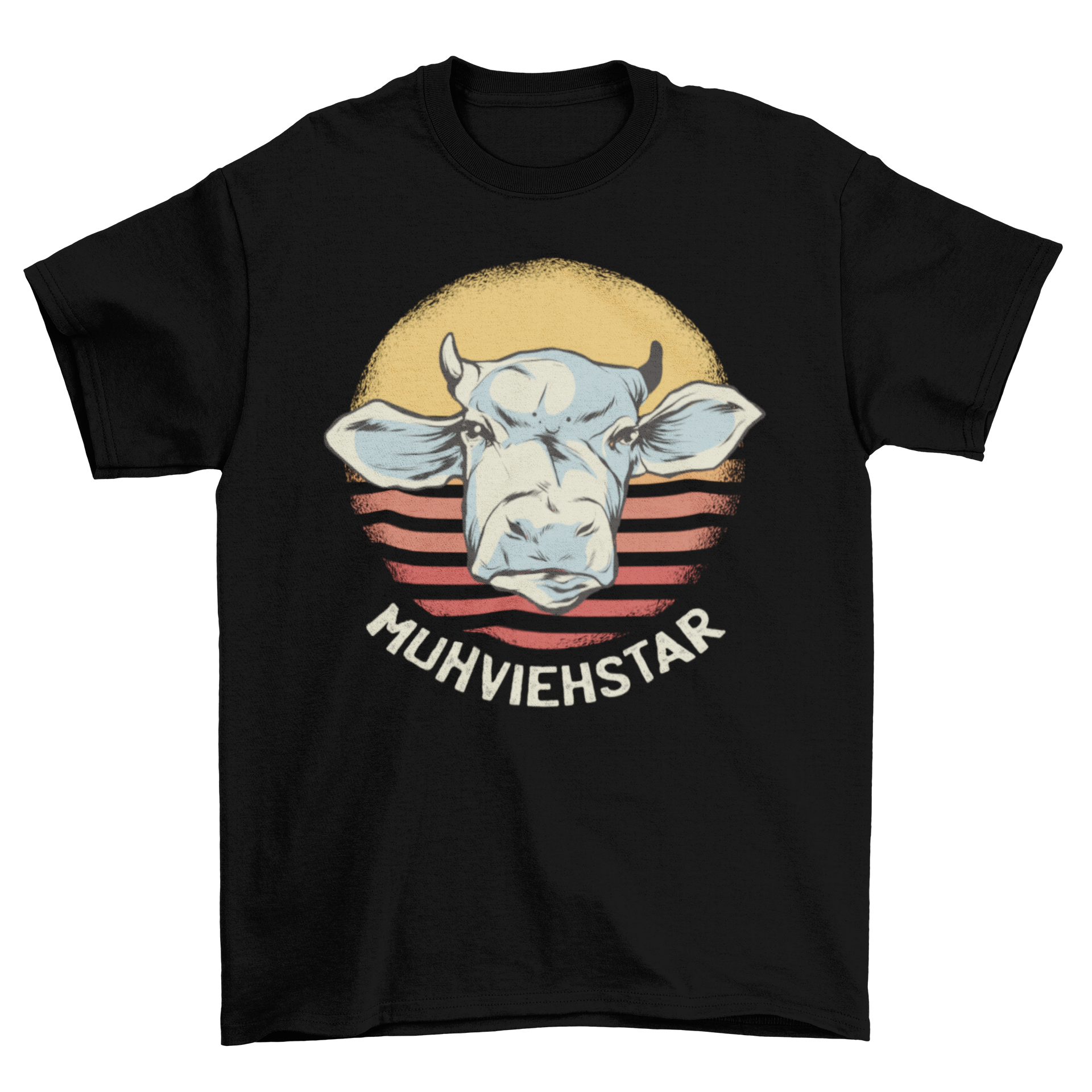 Muhviestar t-shirt featuring a cow illustration and pun design on a striped circle background.