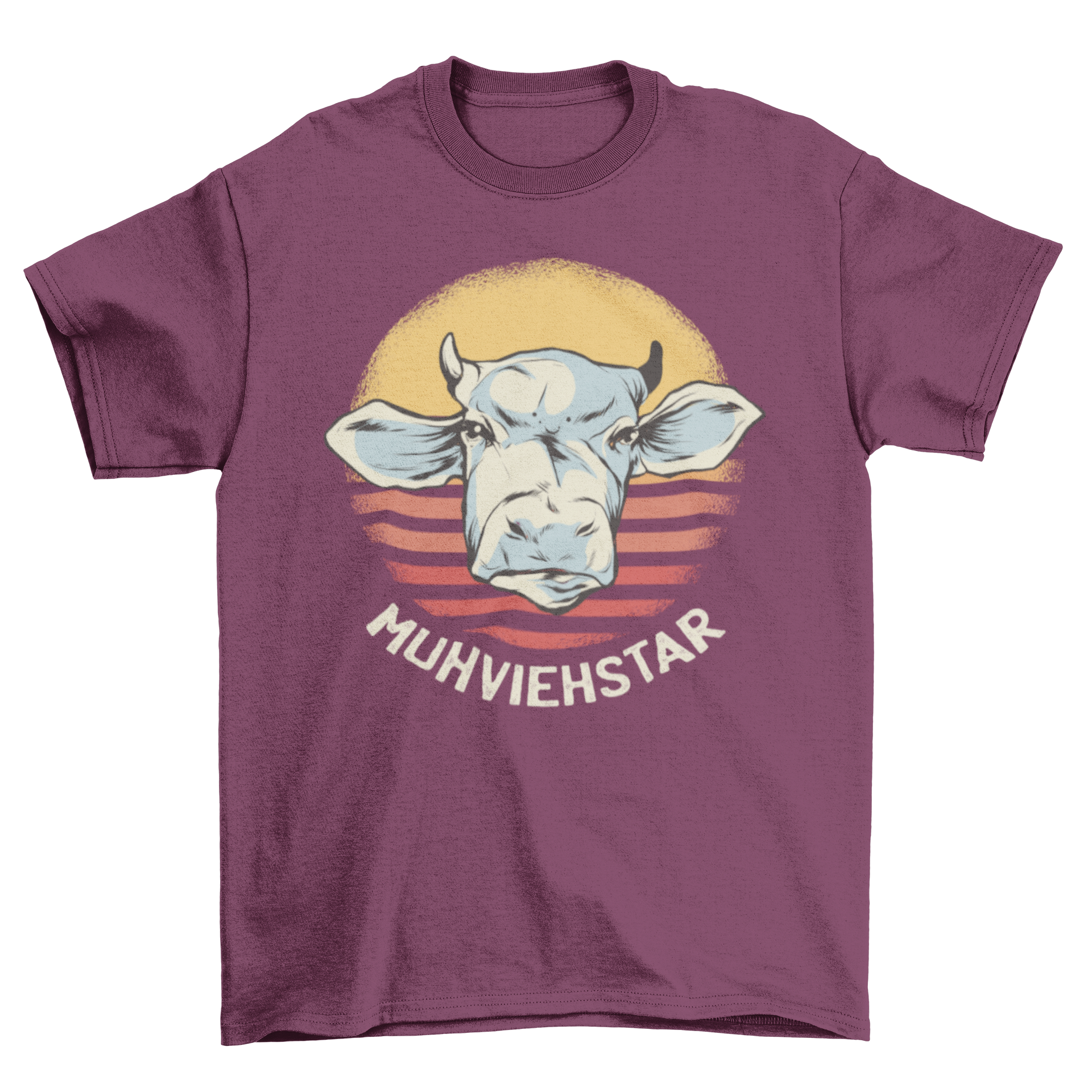 Muhviestar t-shirt featuring a cow illustration and pun design on a striped circle background.