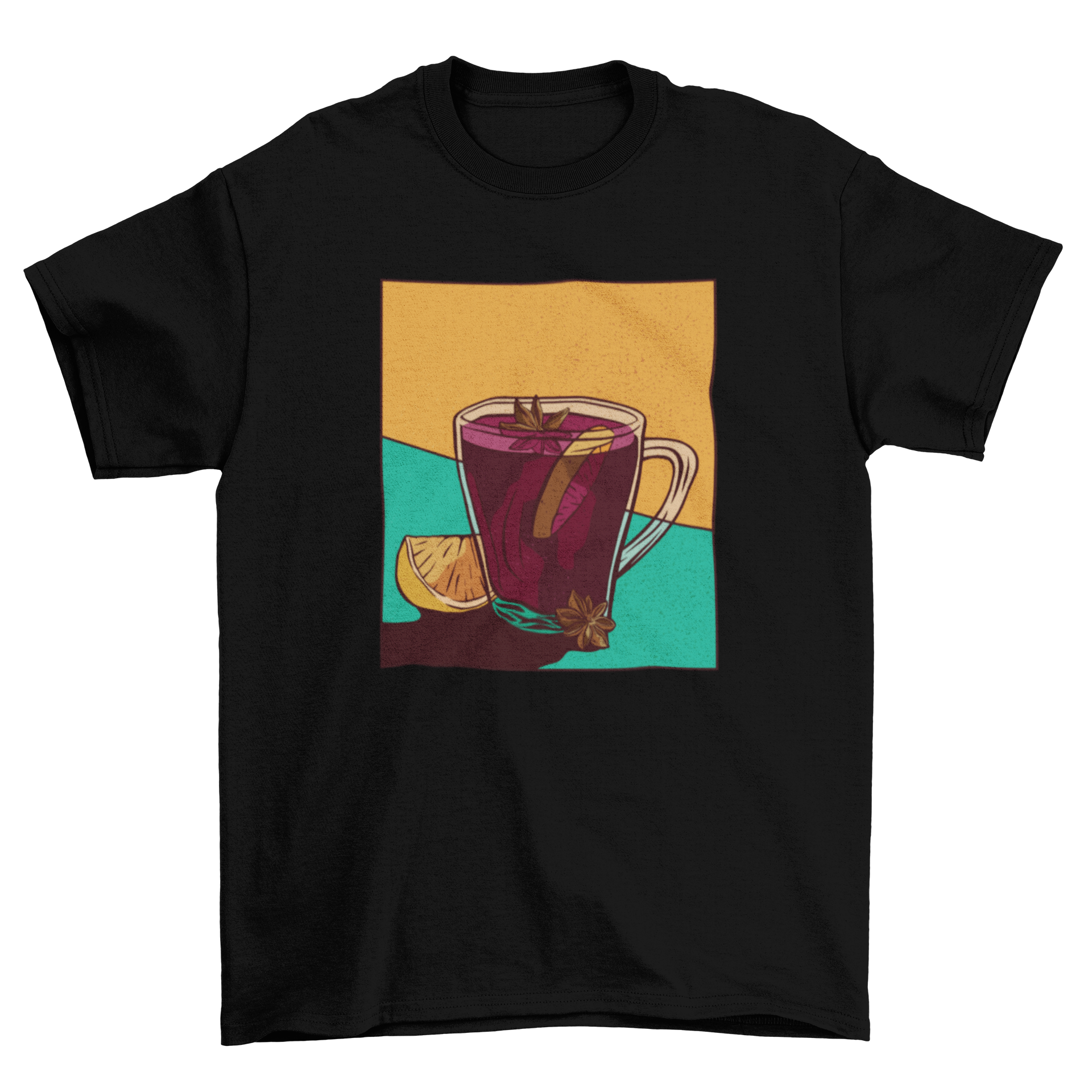 A stylish t-shirt featuring a colorful illustration of a glass of mulled wine, perfect for festive occasions.