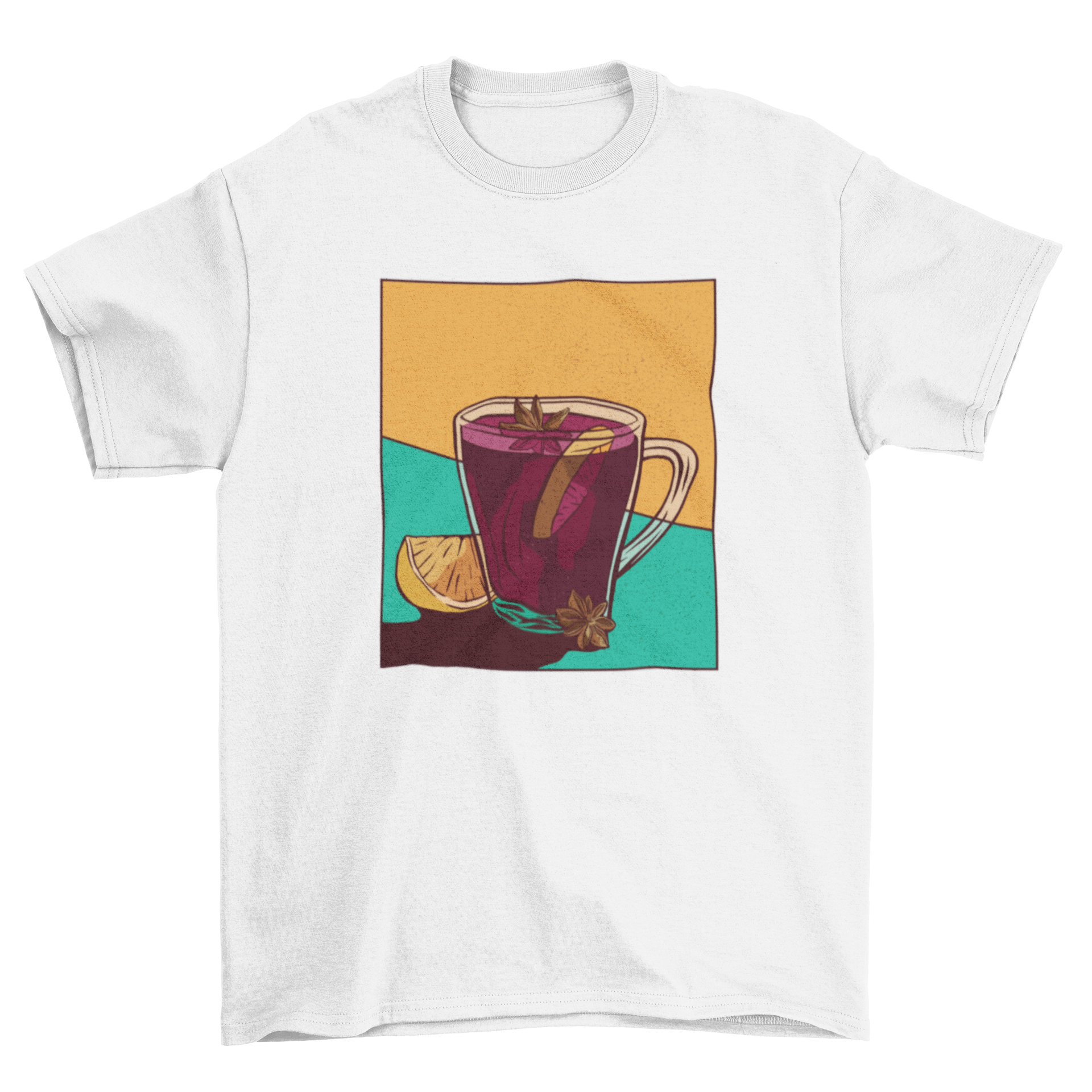 A stylish t-shirt featuring a colorful illustration of a glass of mulled wine, perfect for festive occasions.