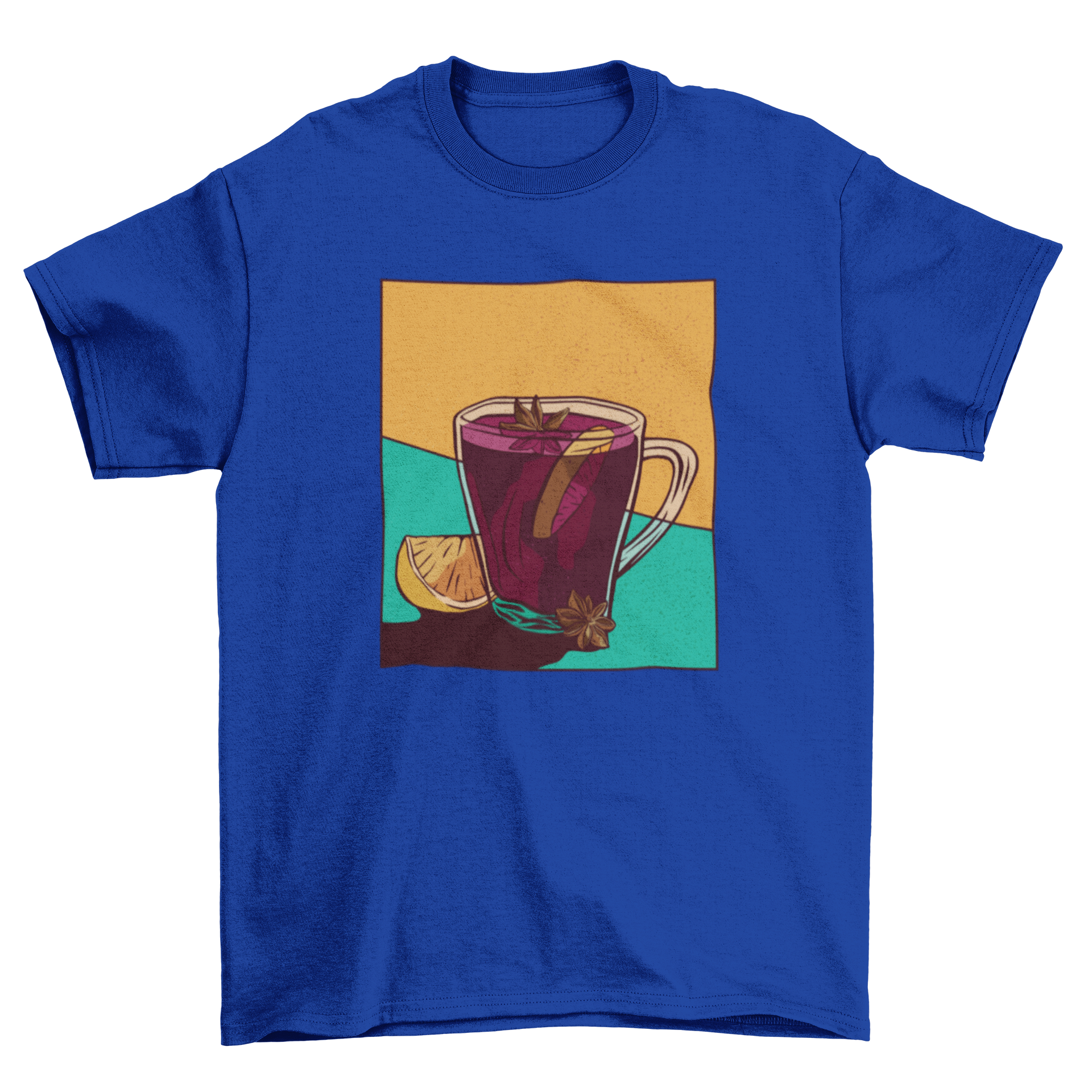 A stylish t-shirt featuring a colorful illustration of a glass of mulled wine, perfect for festive occasions.