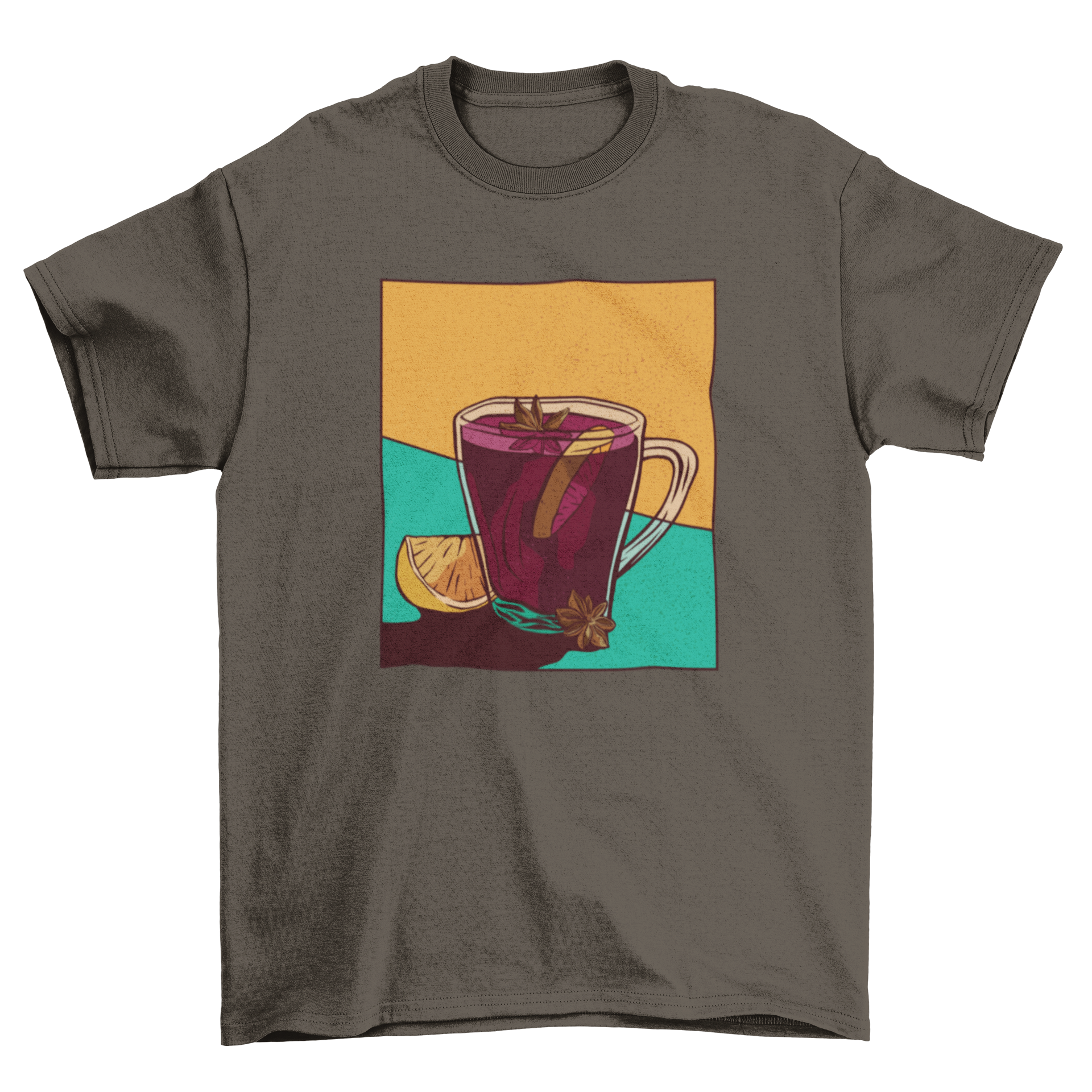 A stylish t-shirt featuring a colorful illustration of a glass of mulled wine, perfect for festive occasions.