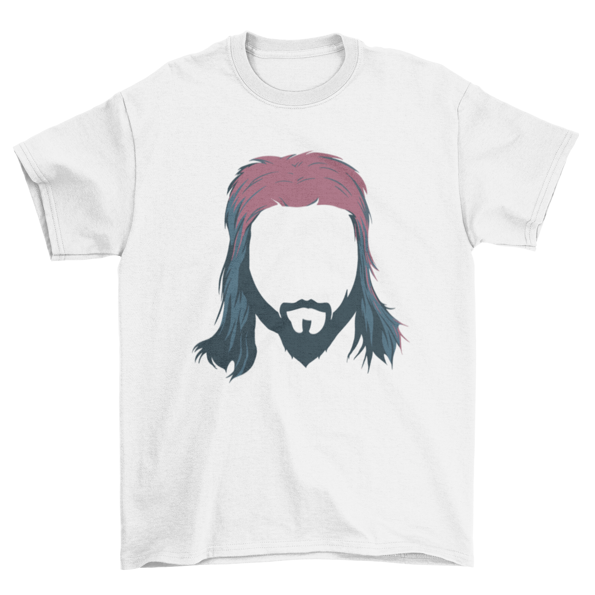 A stylish t-shirt featuring a graphic of a man with a mullet hairstyle, showcasing a trendy design.