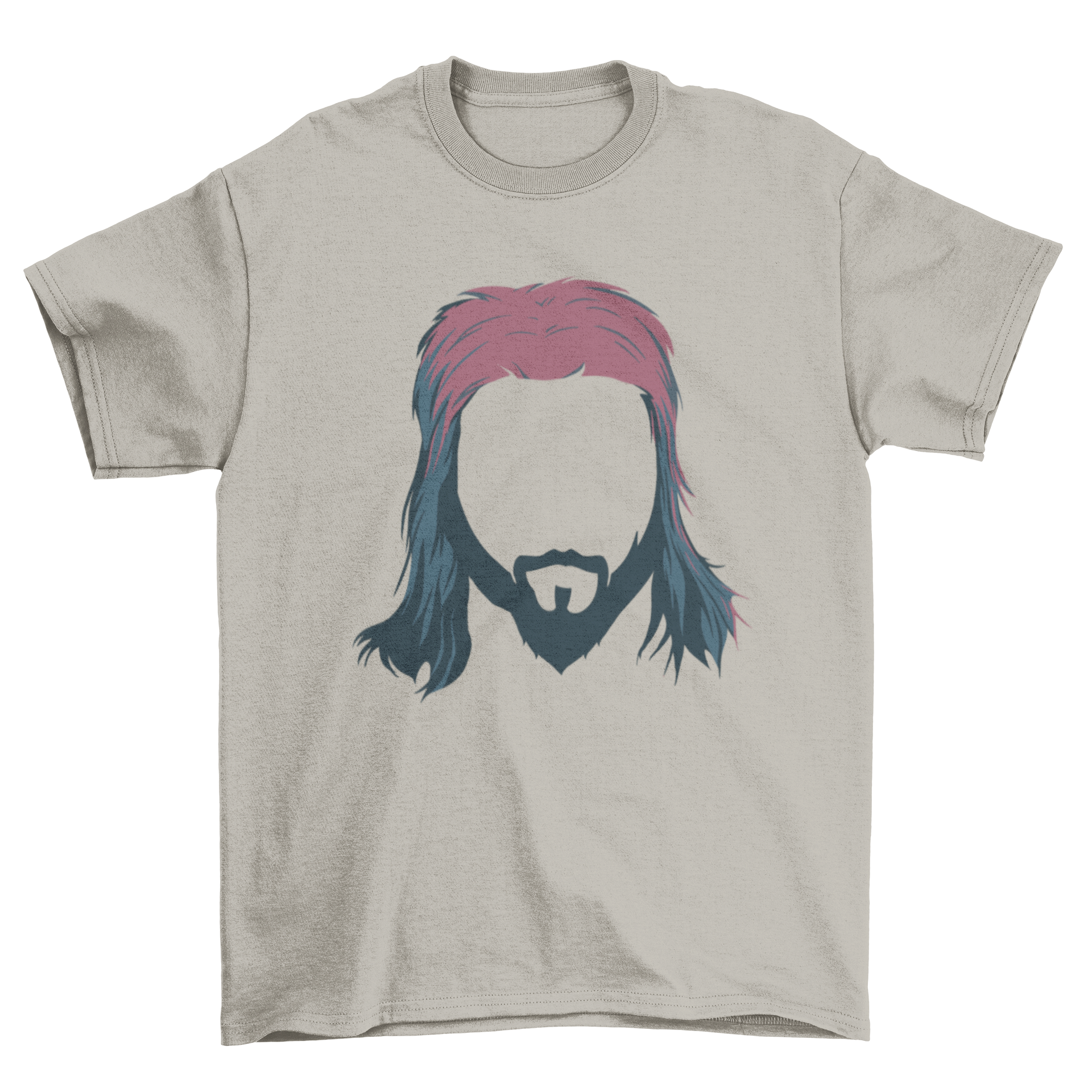 A stylish t-shirt featuring a graphic of a man with a mullet hairstyle, showcasing a trendy design.