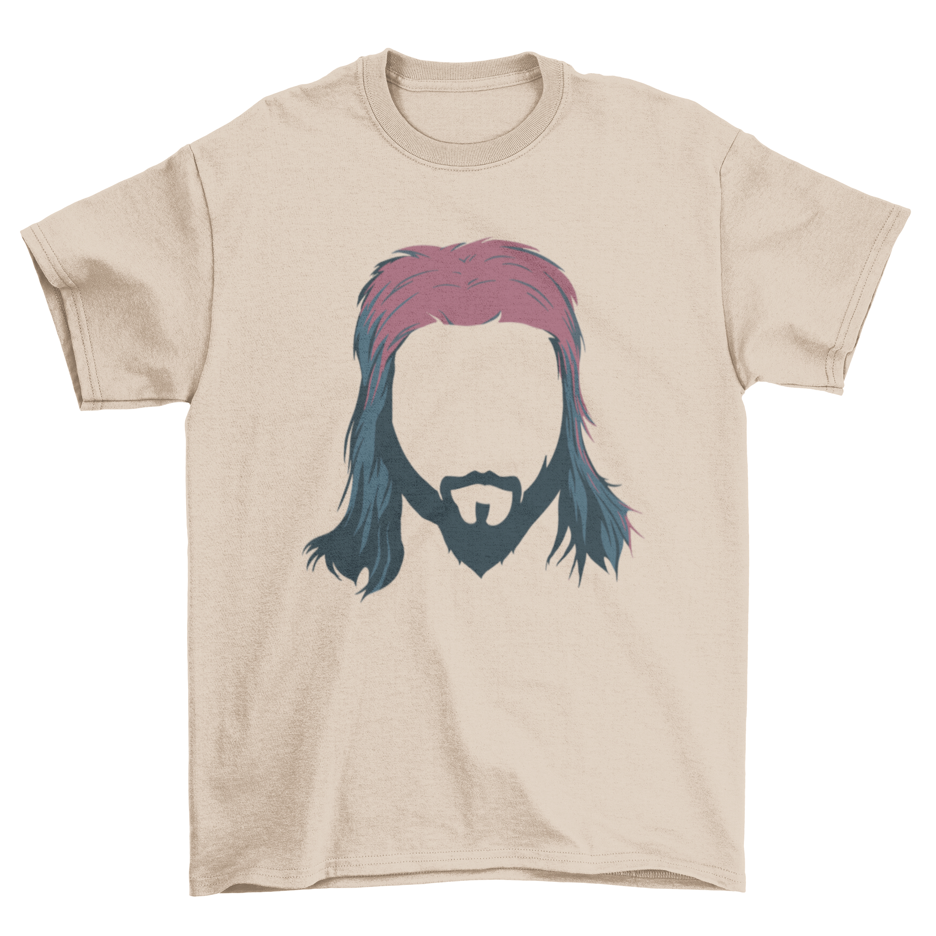 A stylish t-shirt featuring a graphic of a man with a mullet hairstyle, showcasing a trendy design.