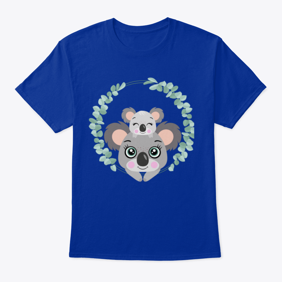 A cute t-shirt featuring a Mum Koala with her baby peeking out of eucalyptus leaves, showcasing a charming wildlife design.