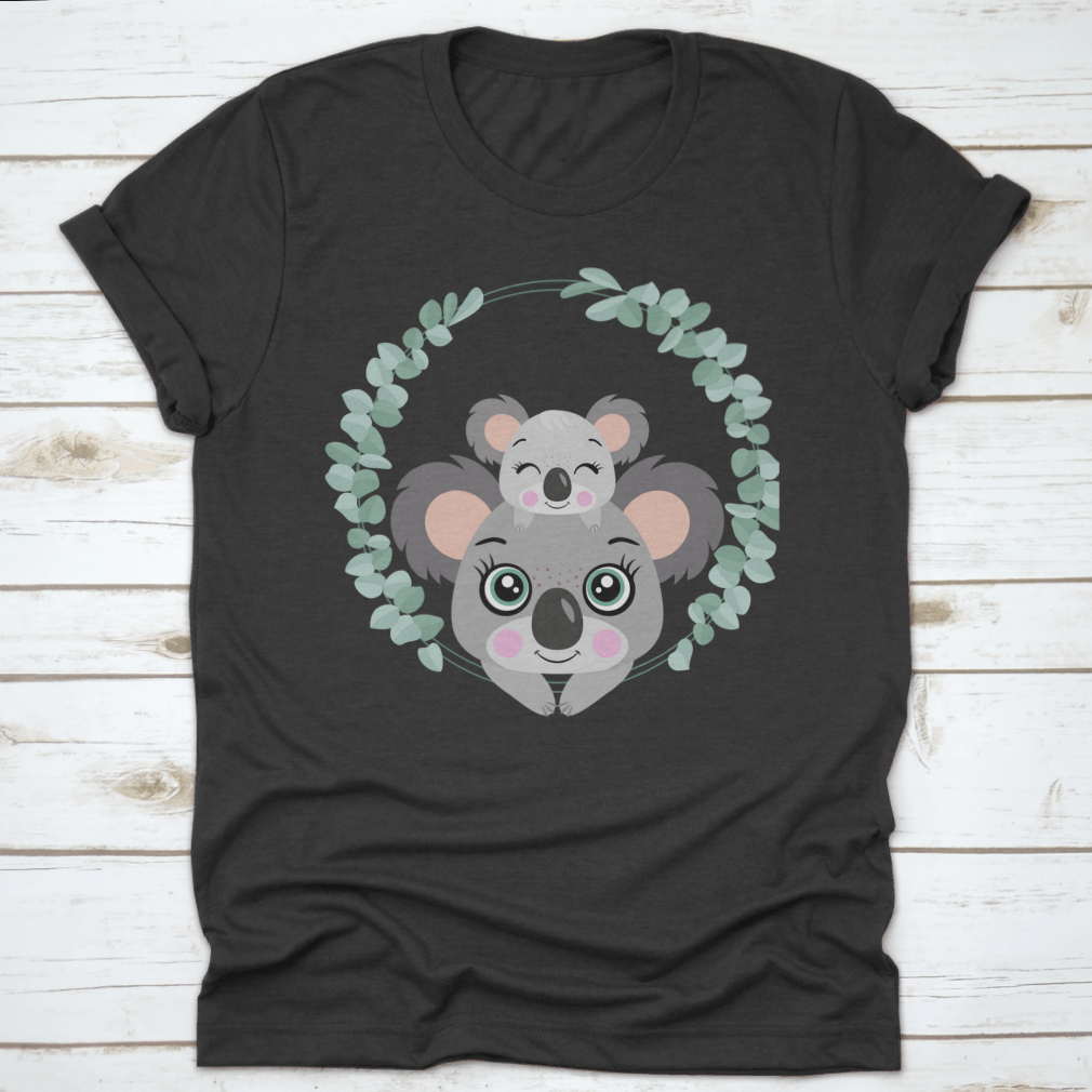 A cute t-shirt featuring a Mum Koala with her baby peeking out of eucalyptus leaves, showcasing a charming wildlife design.