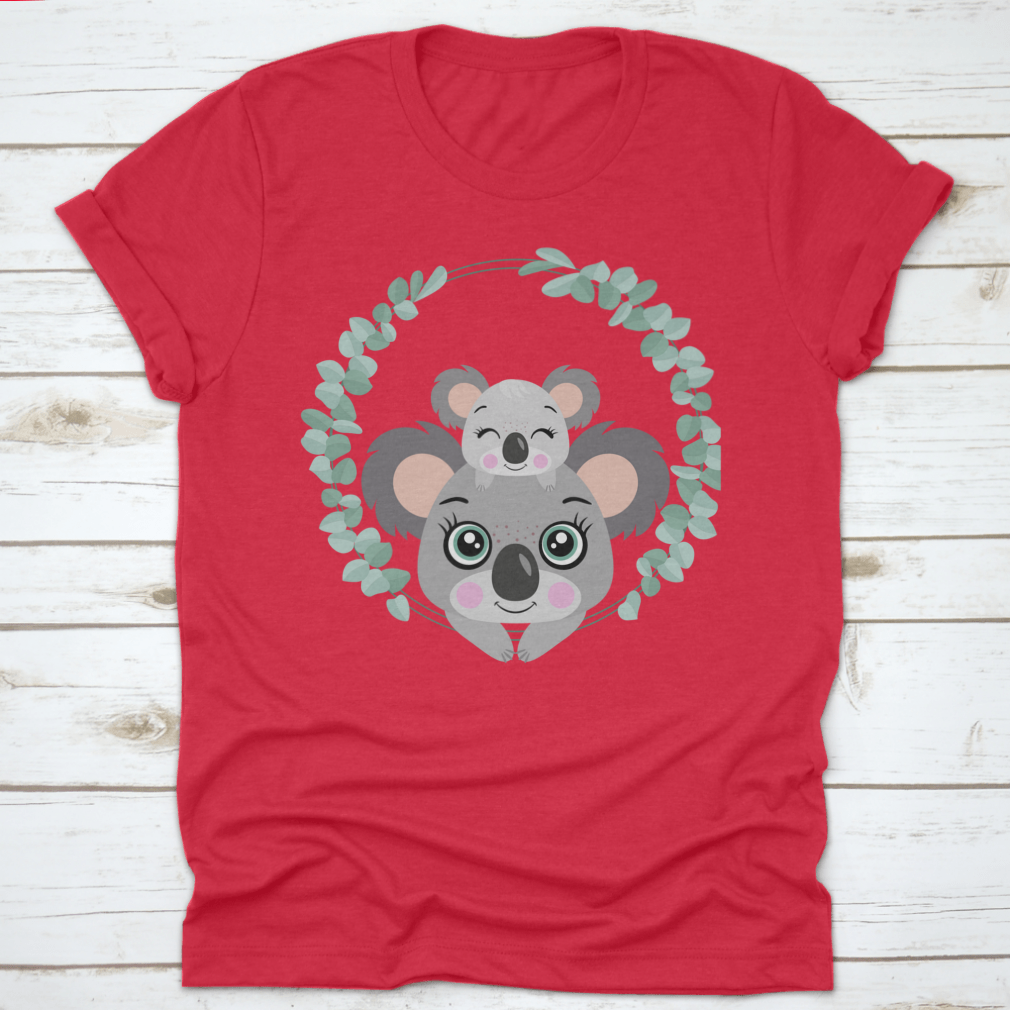 A cute t-shirt featuring a Mum Koala with her baby peeking out of eucalyptus leaves, showcasing a charming wildlife design.