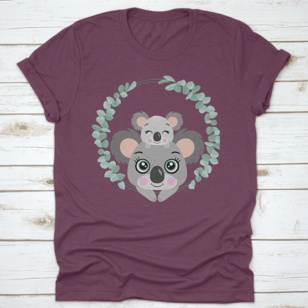 A cute t-shirt featuring a Mum Koala with her baby peeking out of eucalyptus leaves, showcasing a charming wildlife design.