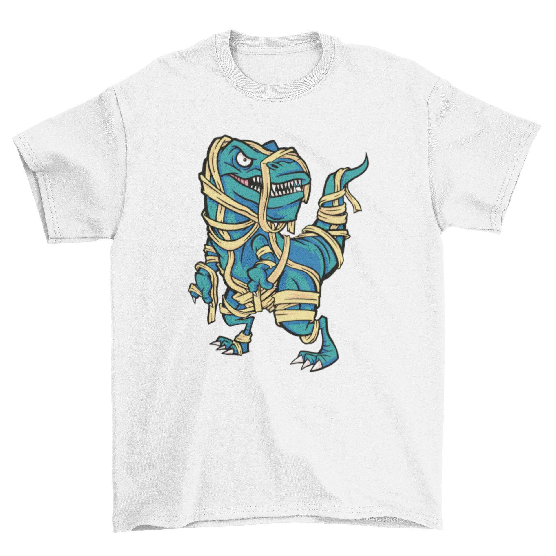 A playful Halloween t-shirt featuring a dinosaur dressed as a mummy, perfect for festive celebrations.