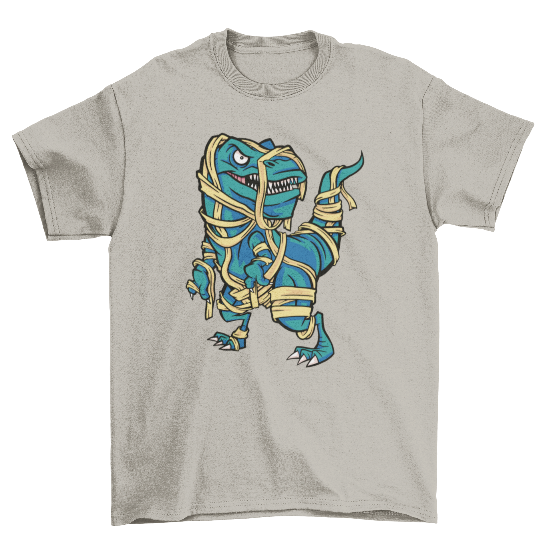 A playful Halloween t-shirt featuring a dinosaur dressed as a mummy, perfect for festive celebrations.