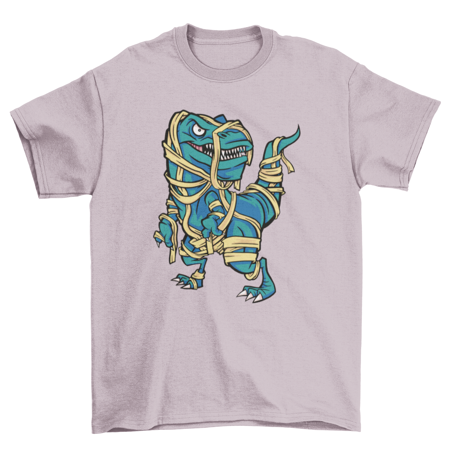 A playful Halloween t-shirt featuring a dinosaur dressed as a mummy, perfect for festive celebrations.