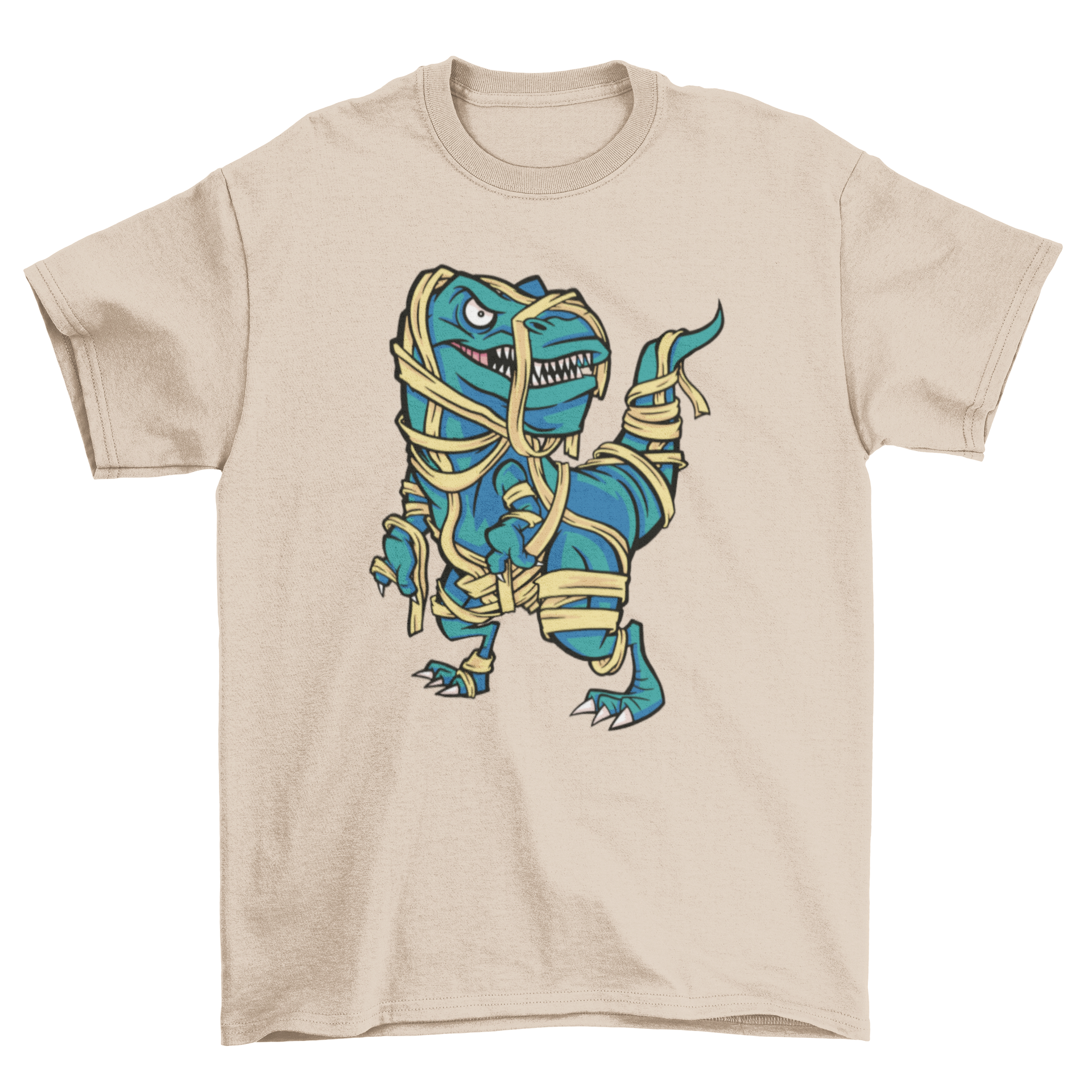 A playful Halloween t-shirt featuring a dinosaur dressed as a mummy, perfect for festive celebrations.