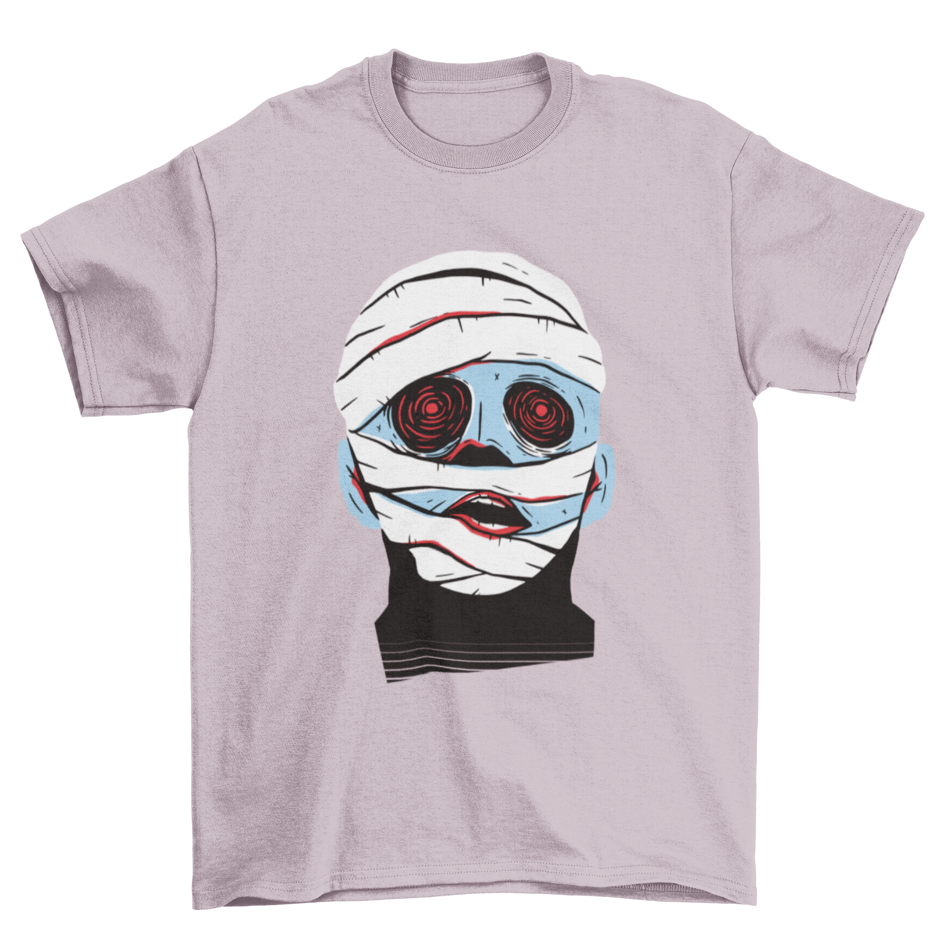 A blue mummy face illustration on a Halloween themed t-shirt, showcasing a spooky design perfect for festive occasions.