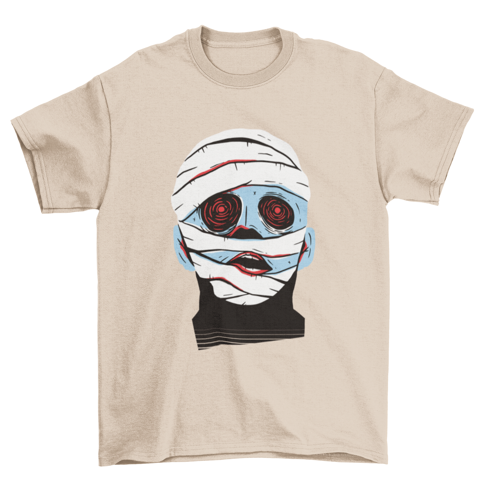 A blue mummy face illustration on a Halloween themed t-shirt, showcasing a spooky design perfect for festive occasions.