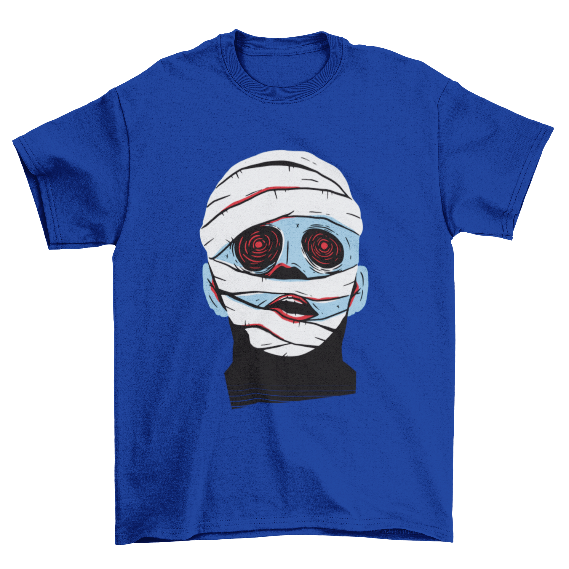 A blue mummy face illustration on a Halloween themed t-shirt, showcasing a spooky design perfect for festive occasions.