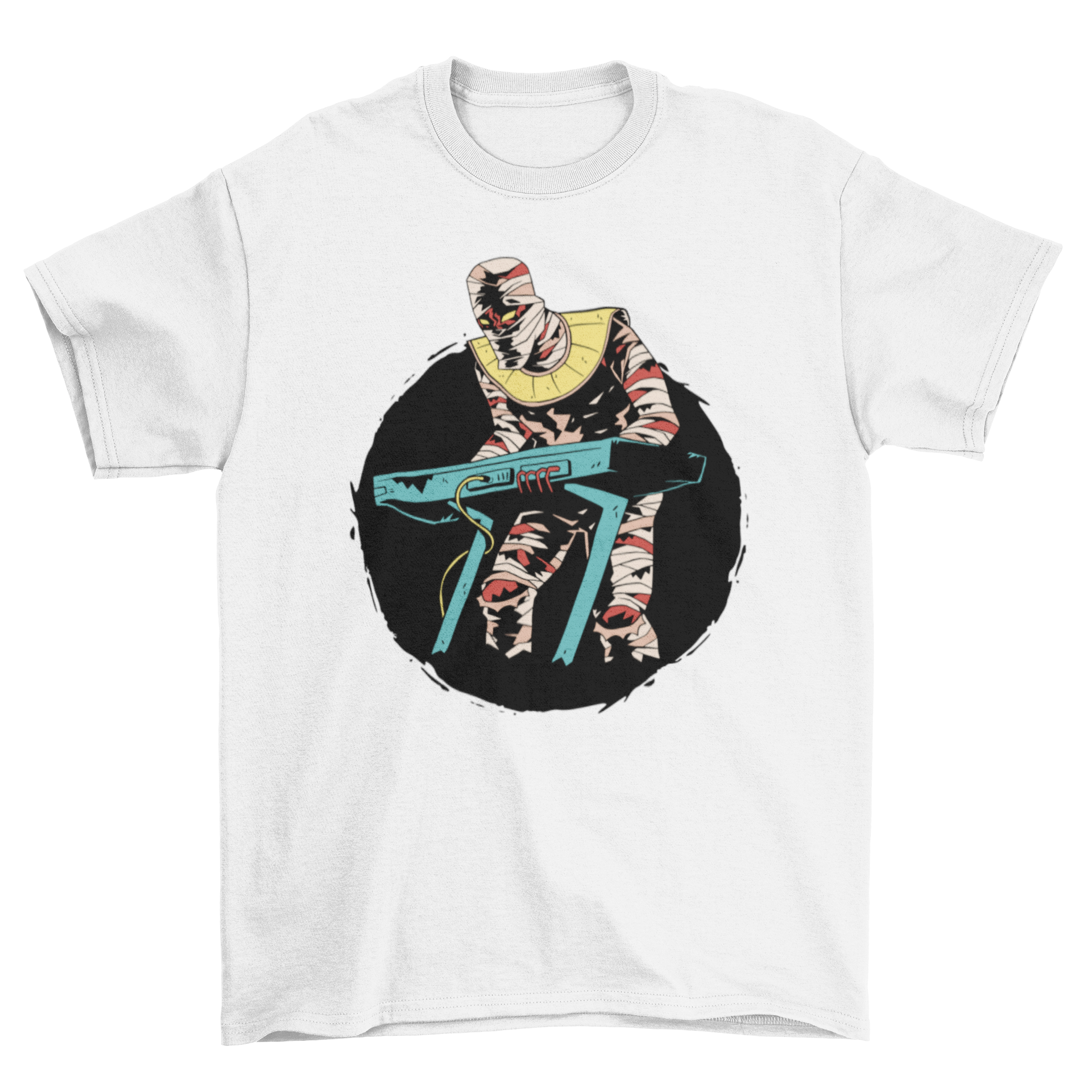 A playful t-shirt design featuring a mummy enthusiastically playing a keyboard, showcasing vibrant colors and intricate details.