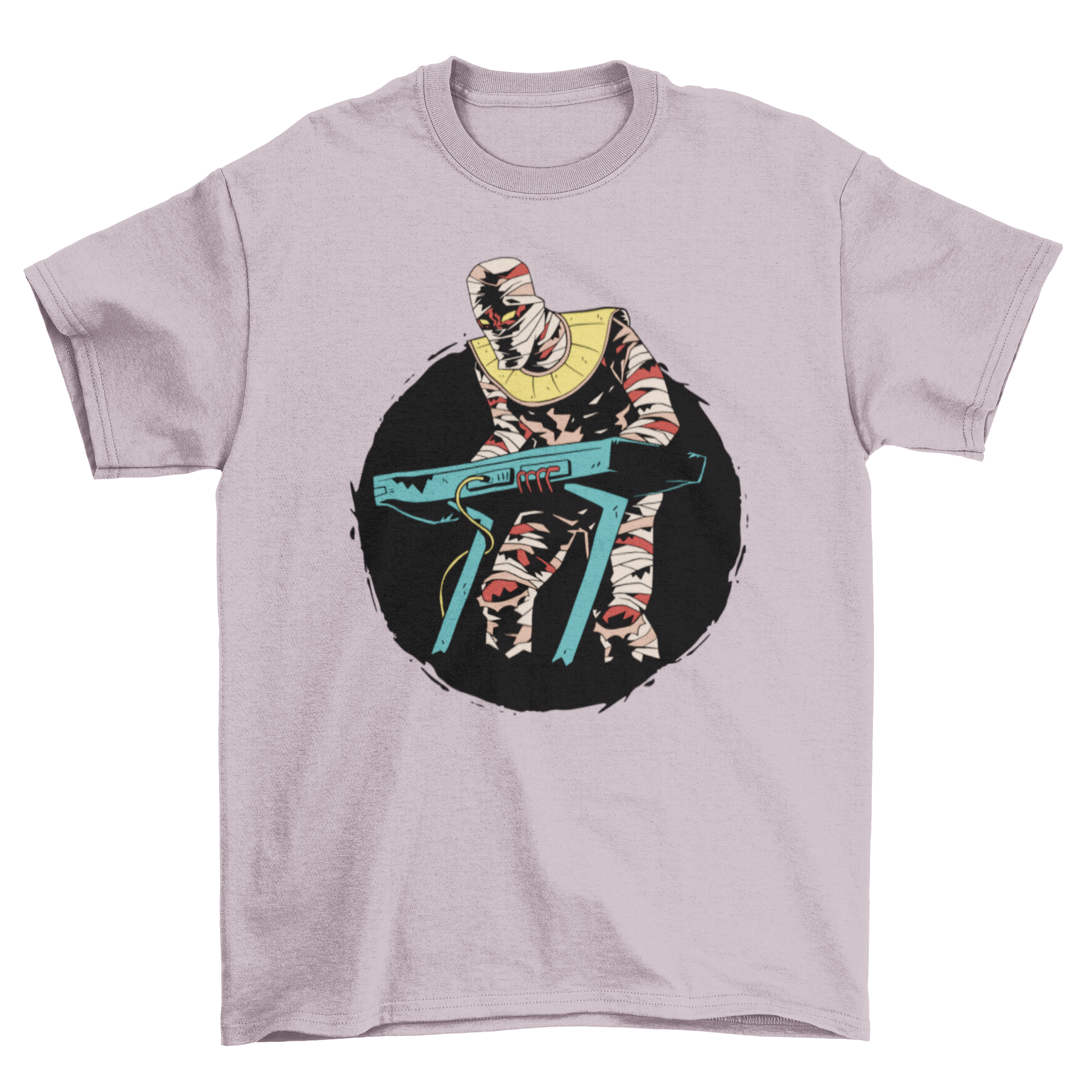 A playful t-shirt design featuring a mummy enthusiastically playing a keyboard, showcasing vibrant colors and intricate details.